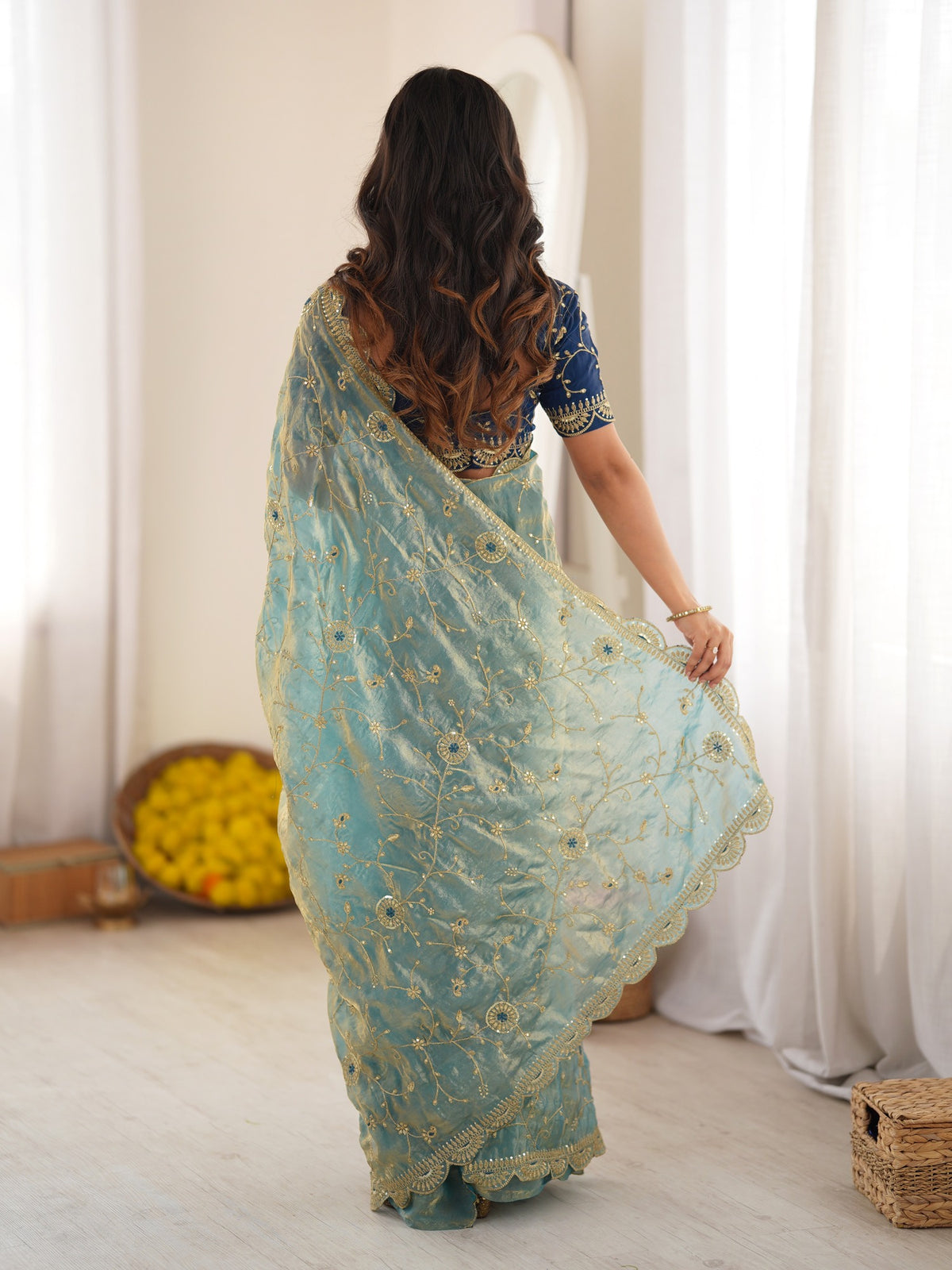 Light Blue organza saree view 4
