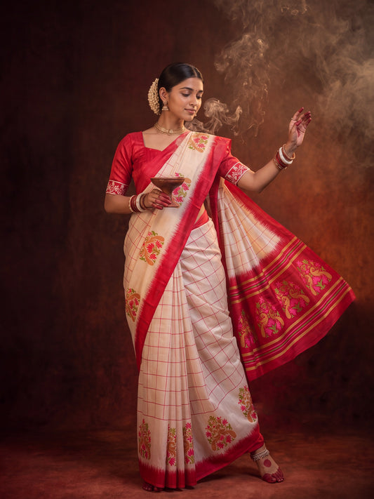 Woman wearing off white silk blend saree with traditional indian motif work and red blouse