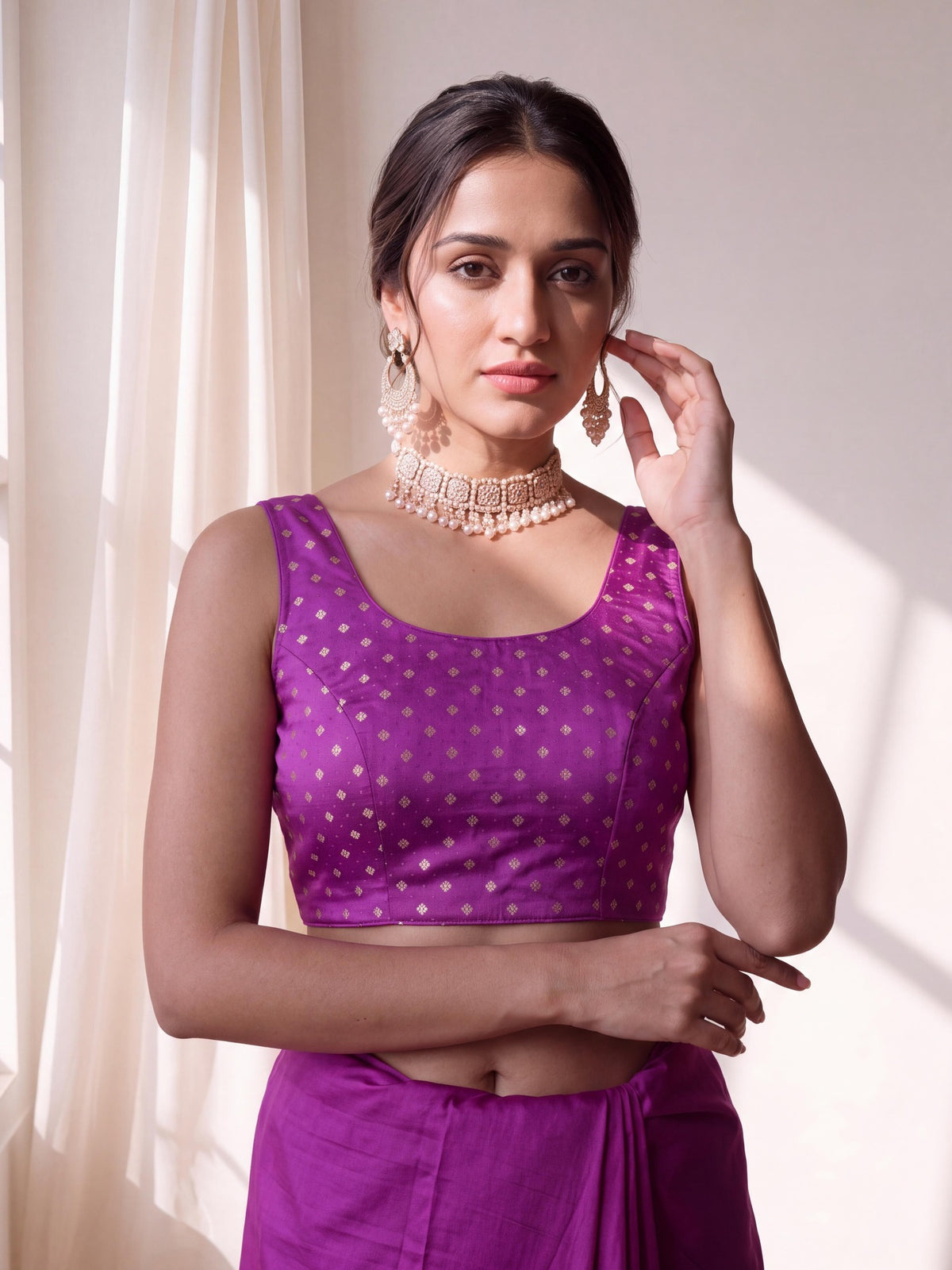 Violet zari woven silk blend sleeveless readymade saree blouse with round neck view 4