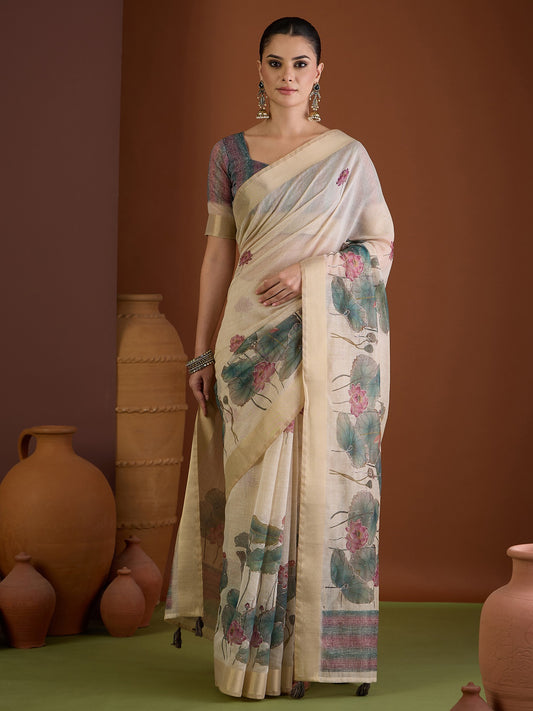 Beige floral linen blend saree with multicolored blouse piece