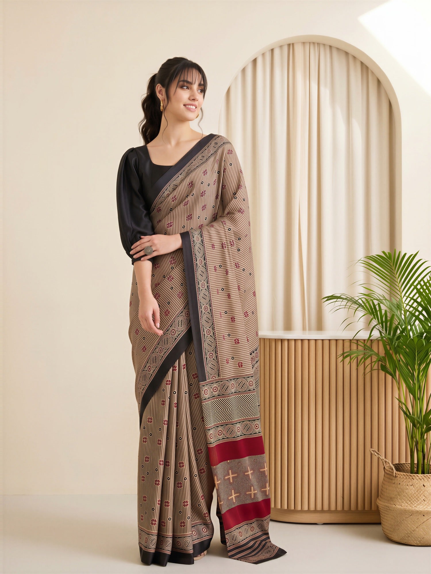 Beige Satin saree – detail view 3