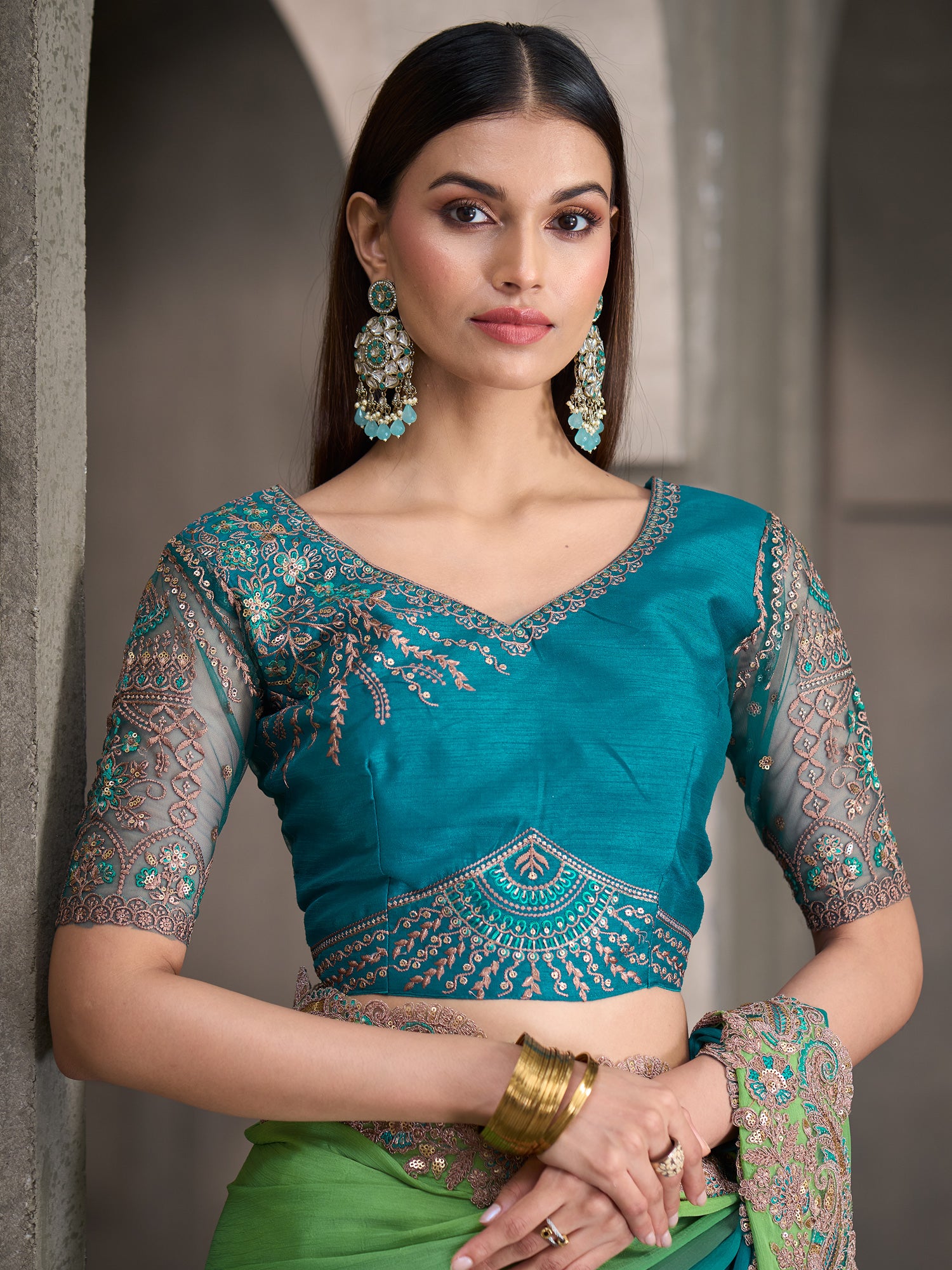 Unstitched blue banglori silk blouse piece with embellished design