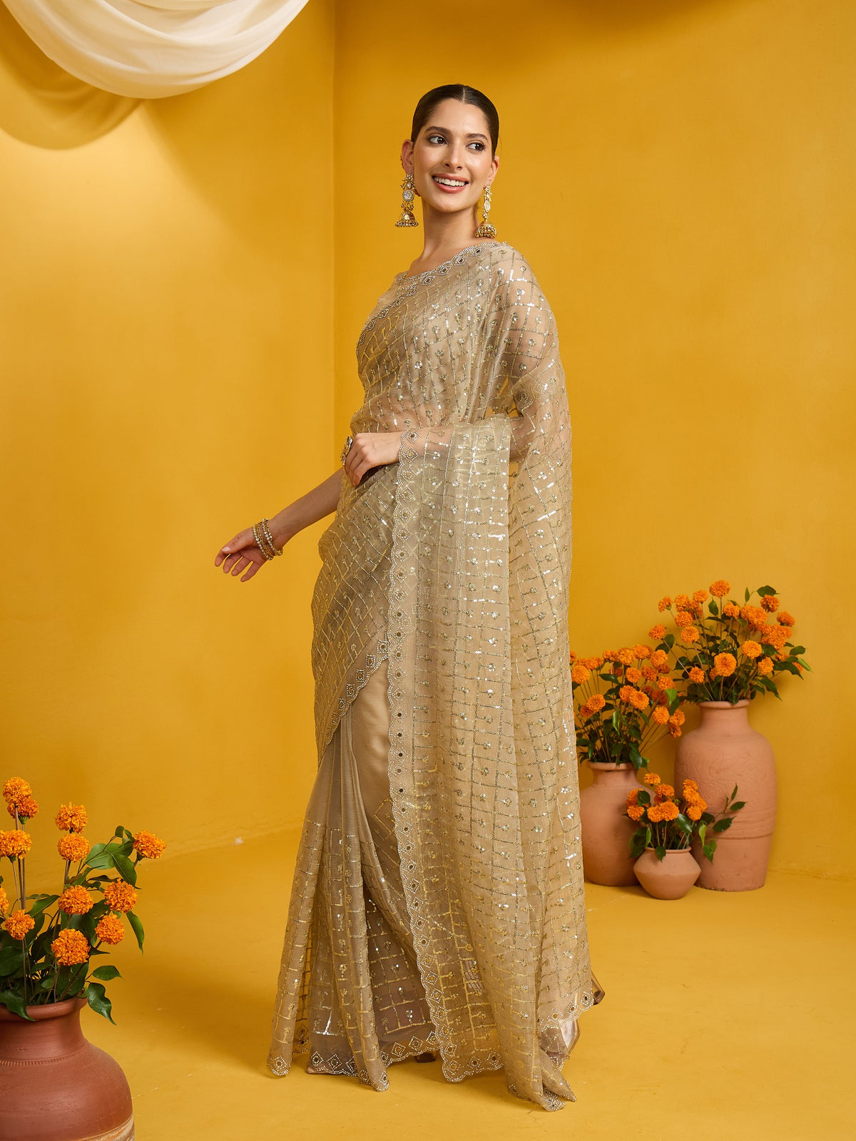 Beige Soft Silk saree – detail view 1