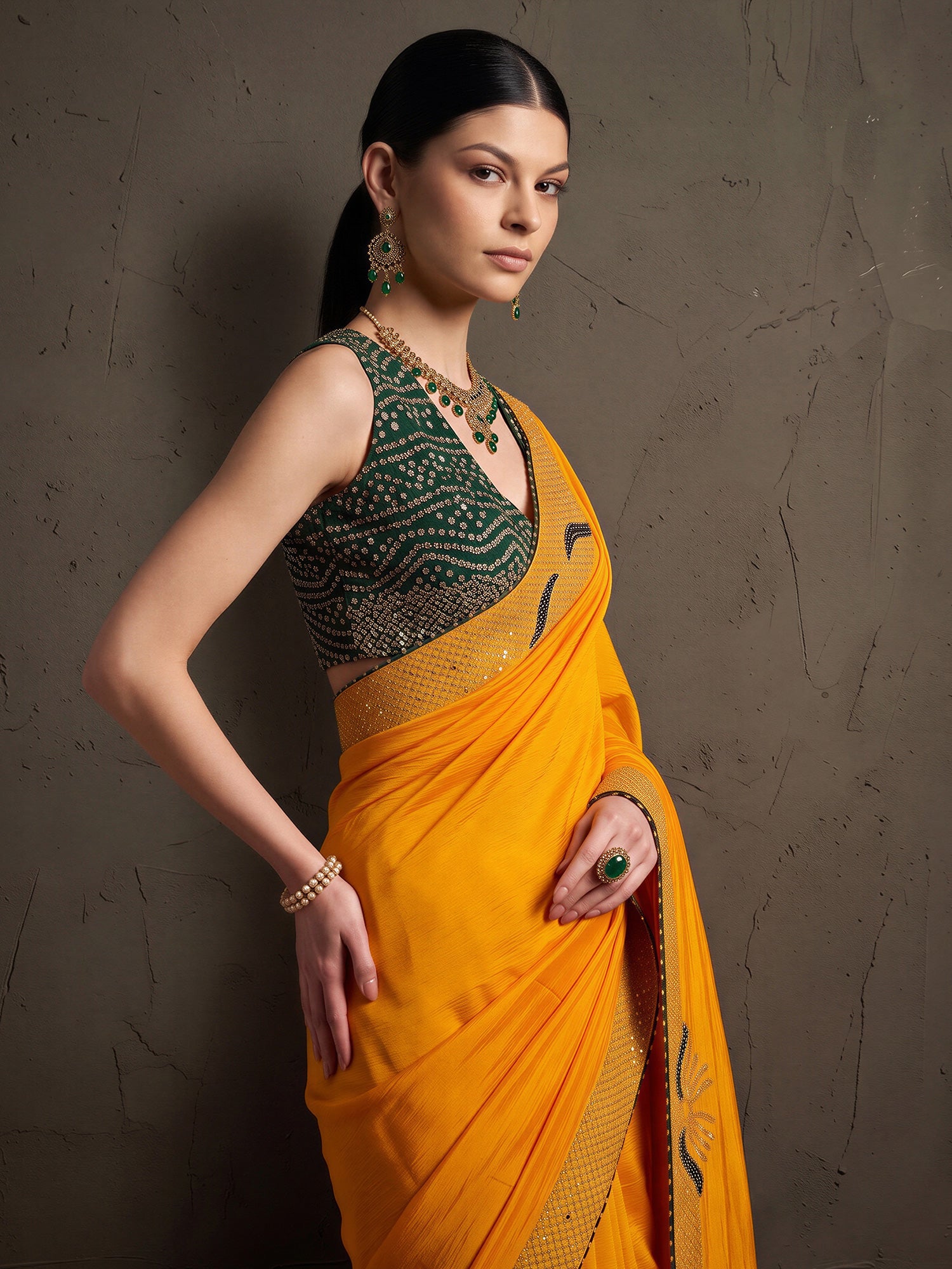 Yellow Vichitra Silk saree – detail view 4