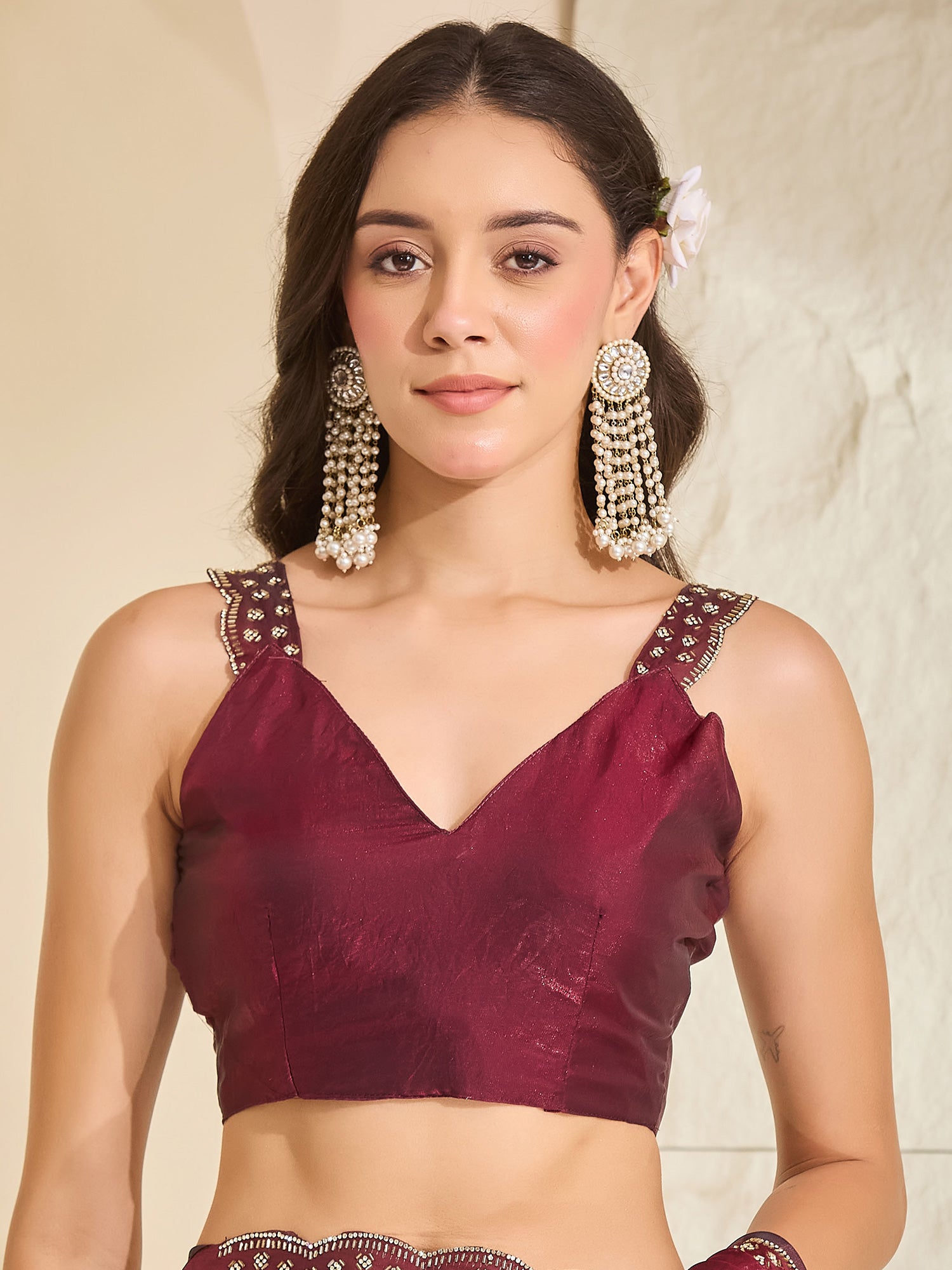 Unstitched wine satin blouse piece with embellished design