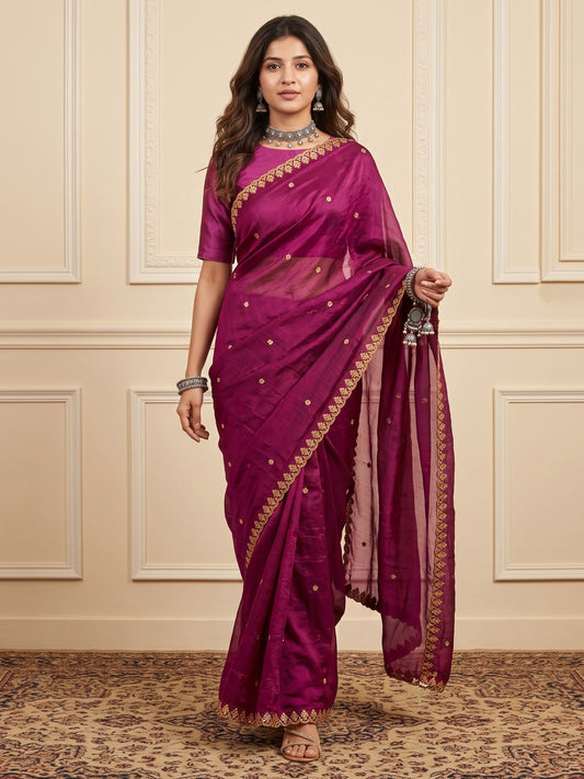 Woman wearing magenta paper silk saree with embroidered motif work and magenta blouse