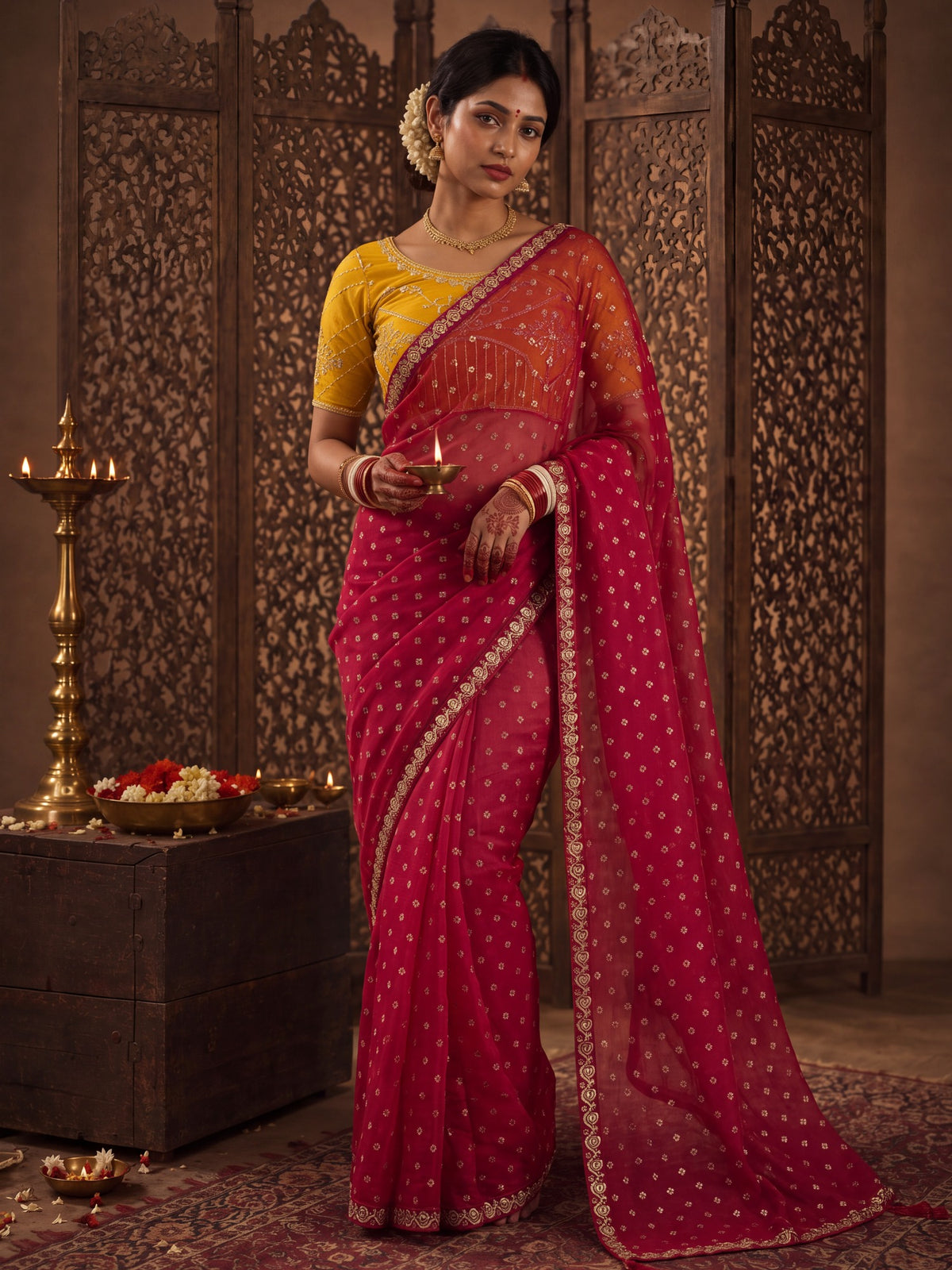 Woman wearing red chiffon saree with metallic foil print work and yellow blouse