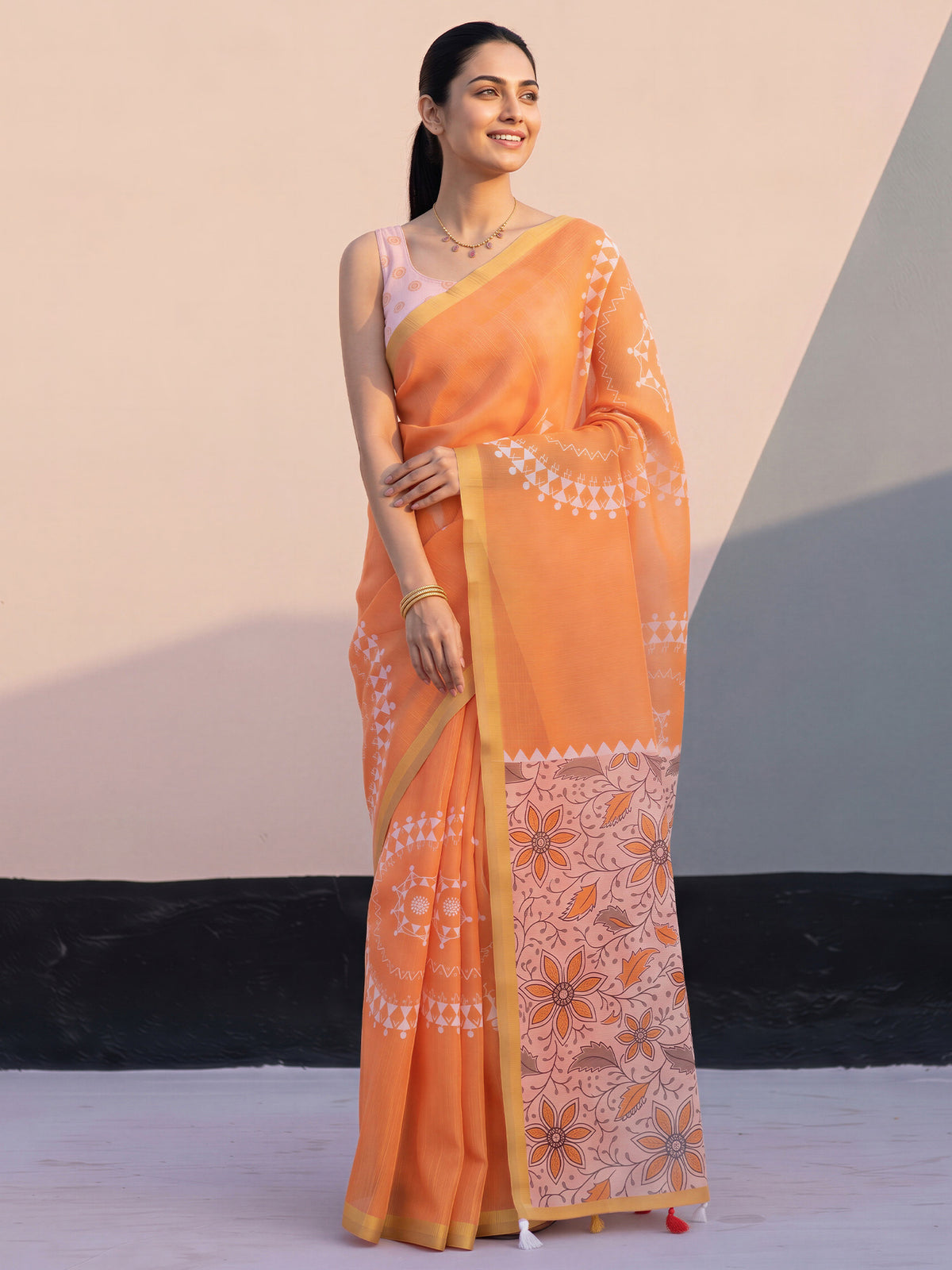 Orange Cotton Blend saree – detail view 3