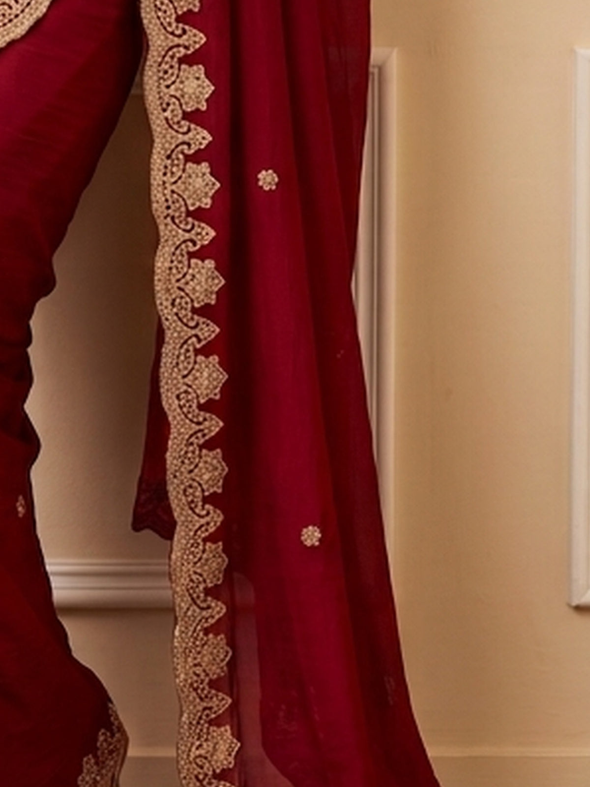 Pallu detail of red vichitra silk saree showing ornamented surface design and embellished border