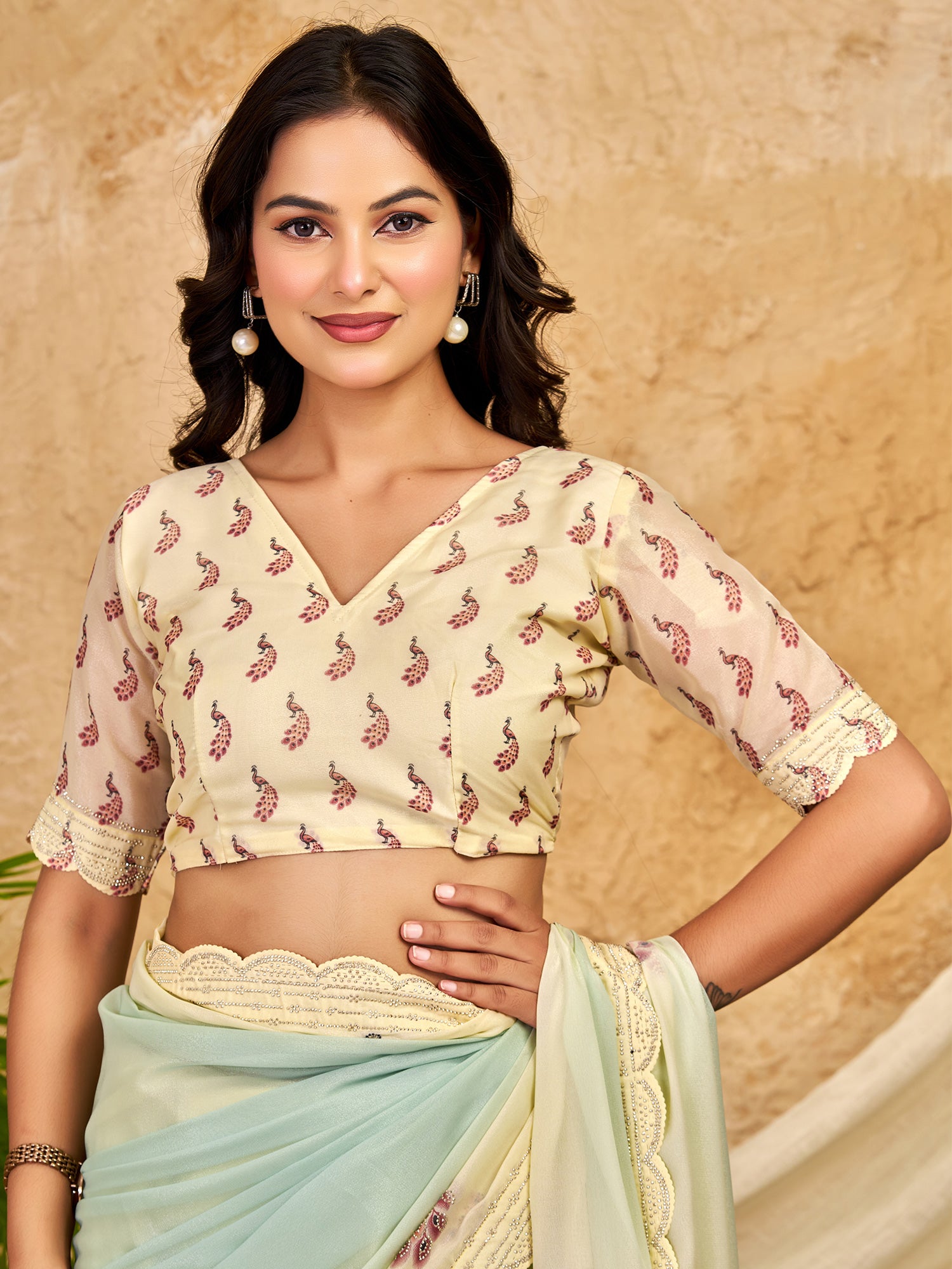 Unstitched mint green georgette blouse piece with geometric design