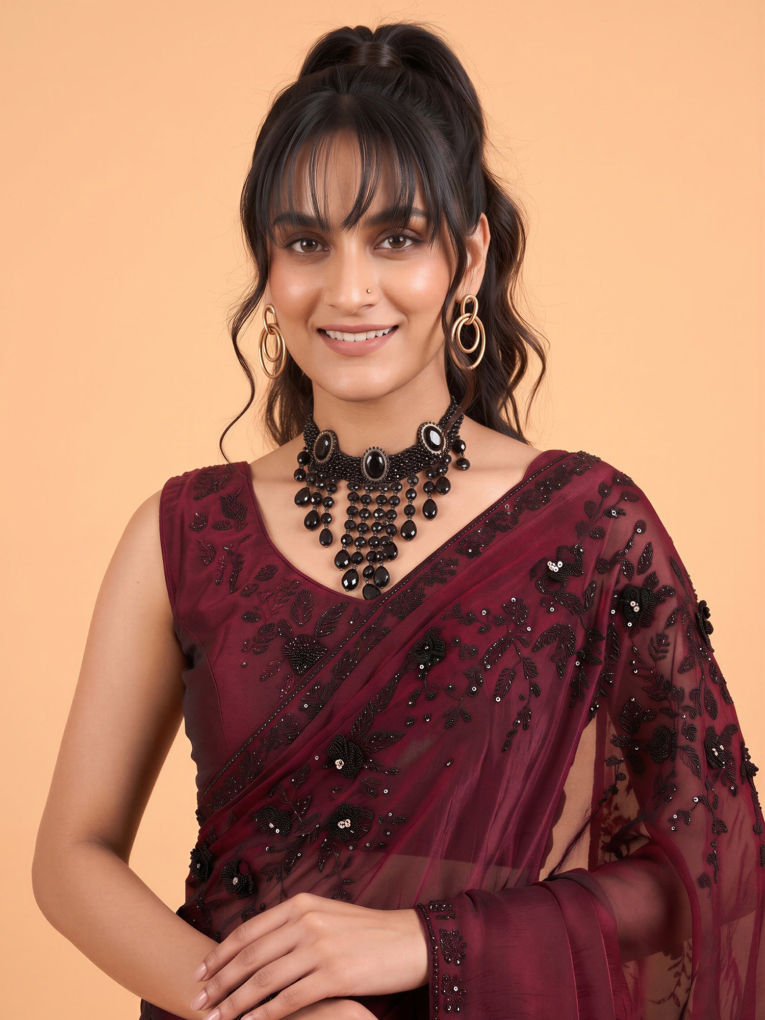 Maroon Satin Silk saree – detail view 4