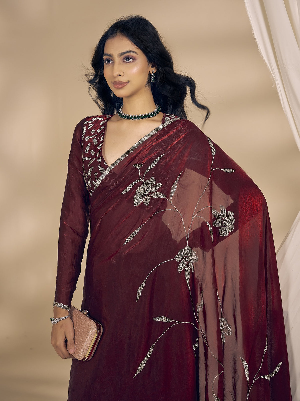 Maroon satin silk saree view 4