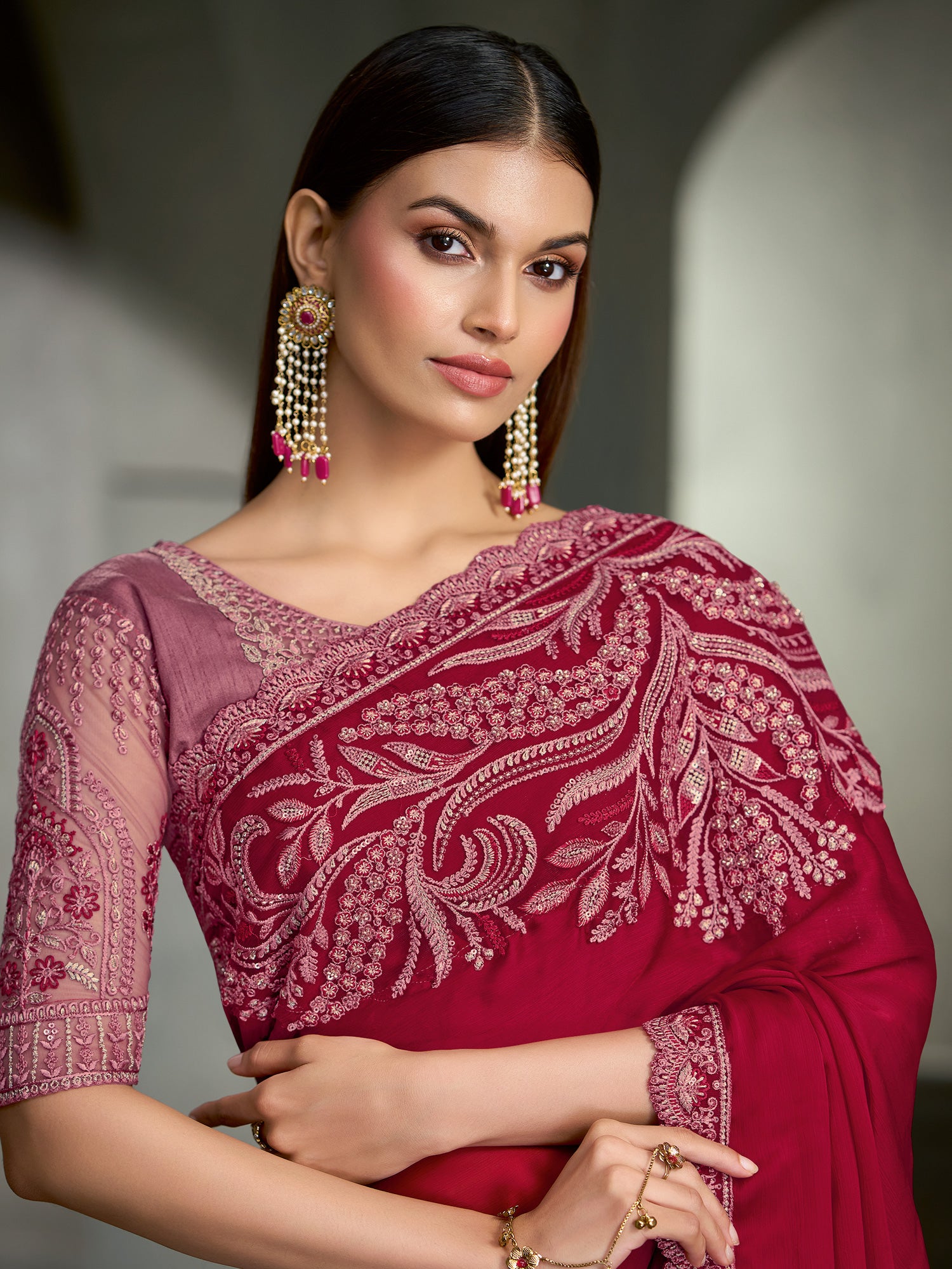 Red Satin Silk saree – detail view 1