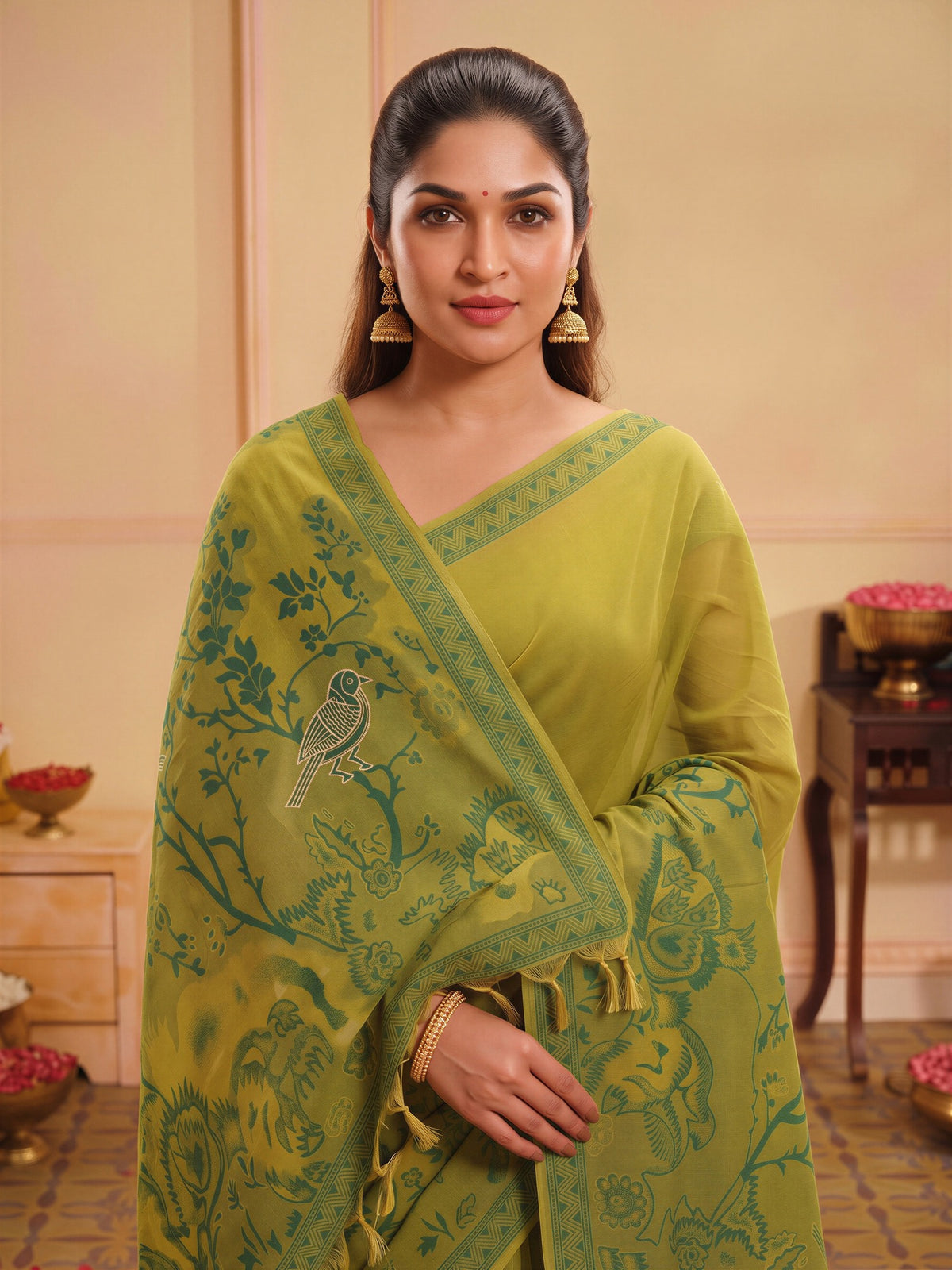 Olive silk blend saree view 4