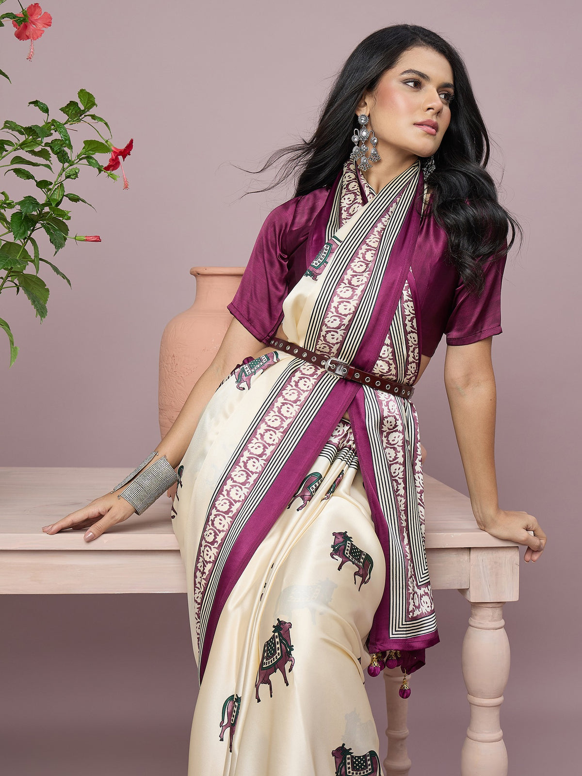 Off White satin saree view 6