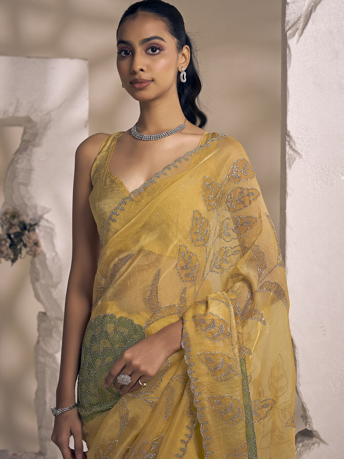 Yellow organza saree view 4