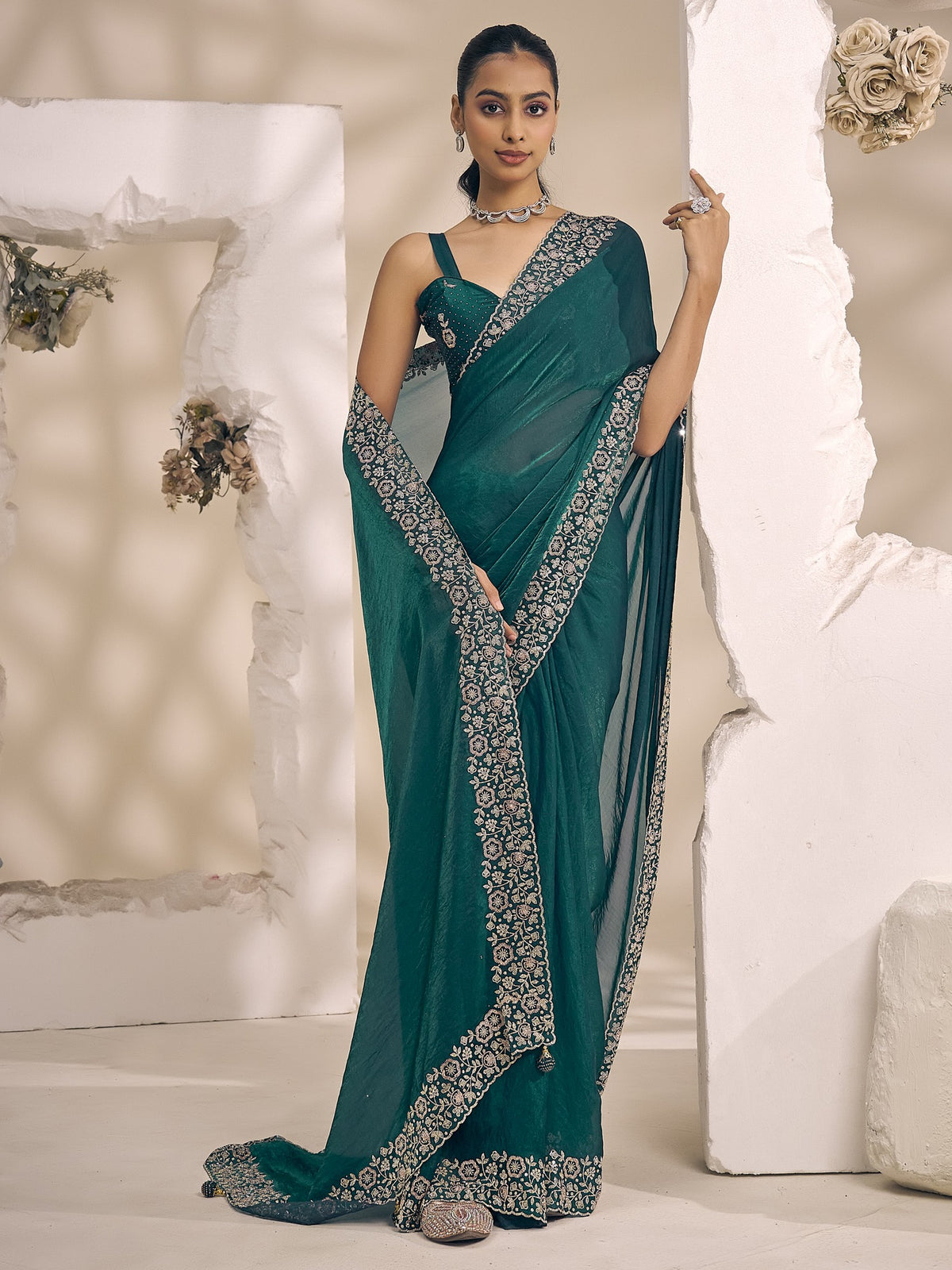 Teal Green satin silk saree view 3