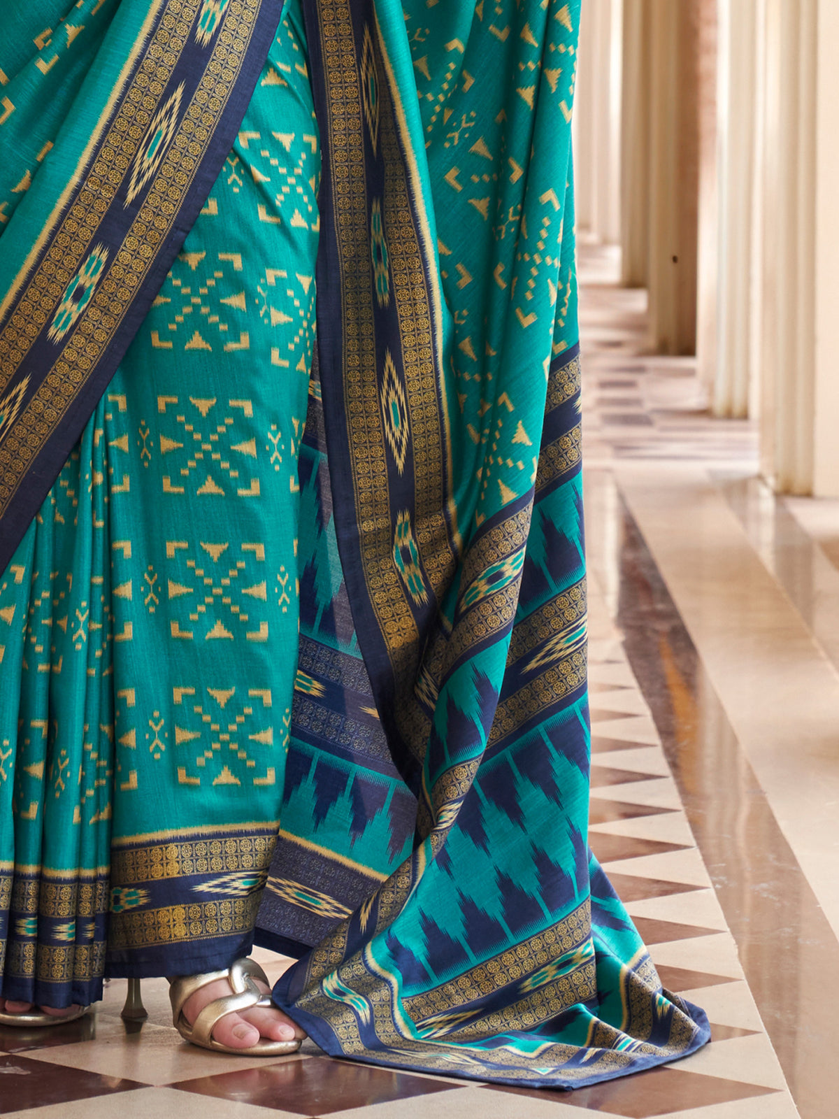Teal Blue silk blend saree view 4