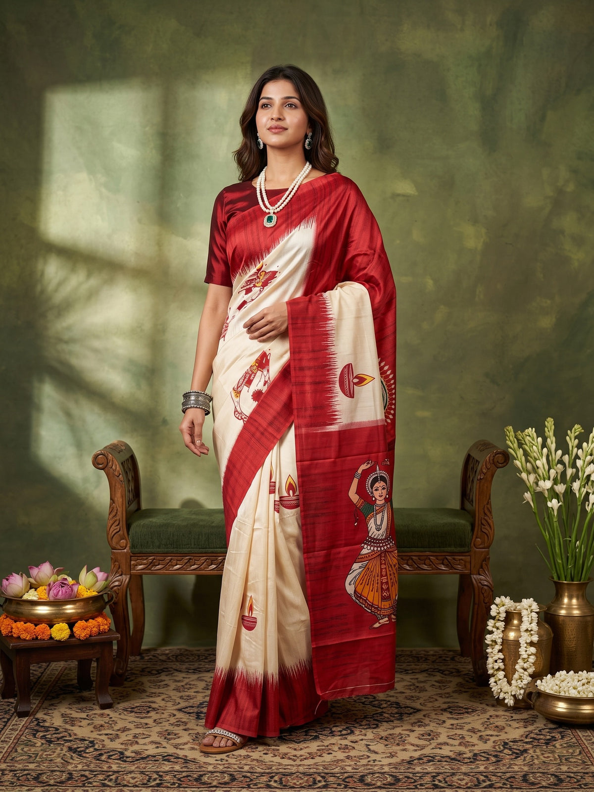 Woman wearing off white silk blend saree with traditional indian motif work and red blouse