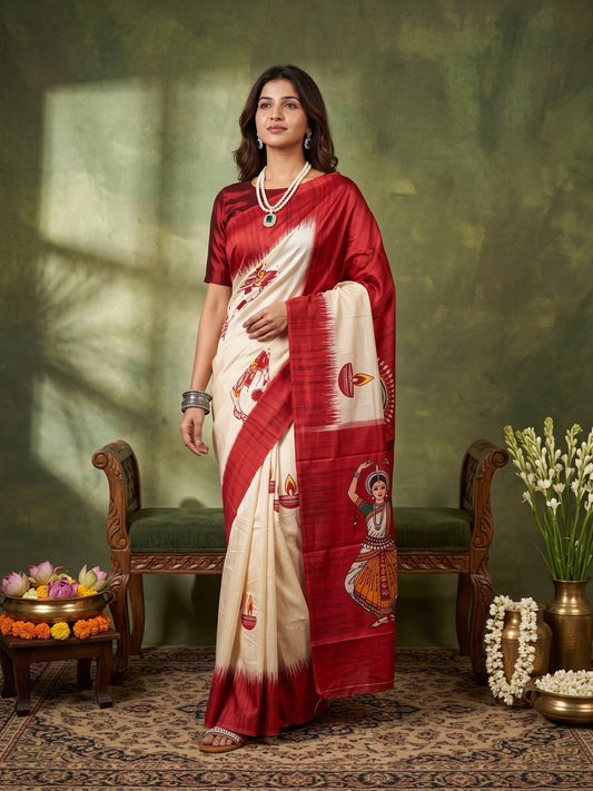Woman wearing off white silk blend saree with traditional indian motif work and red blouse