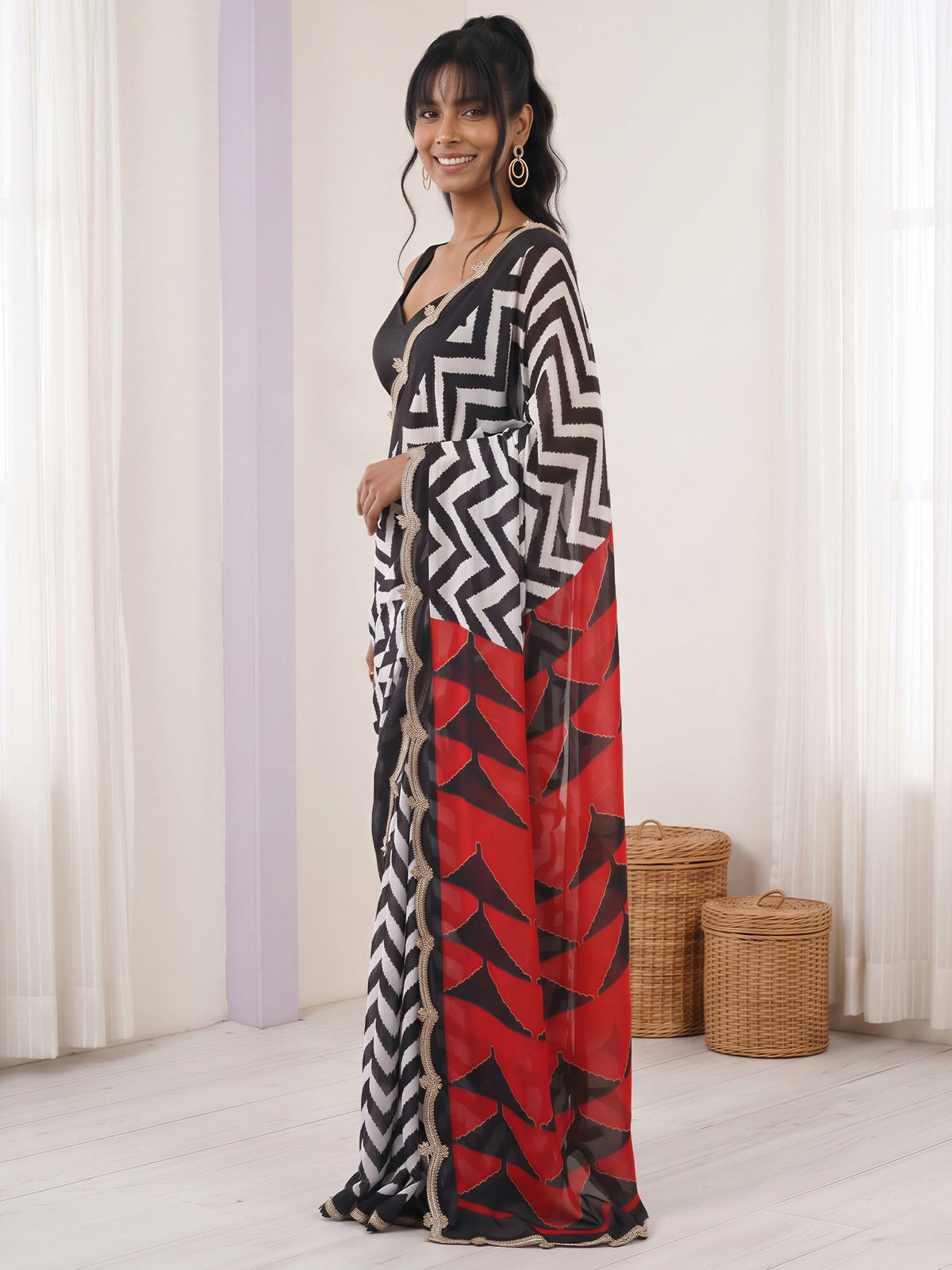 White Pure Georgette saree – detail view 2