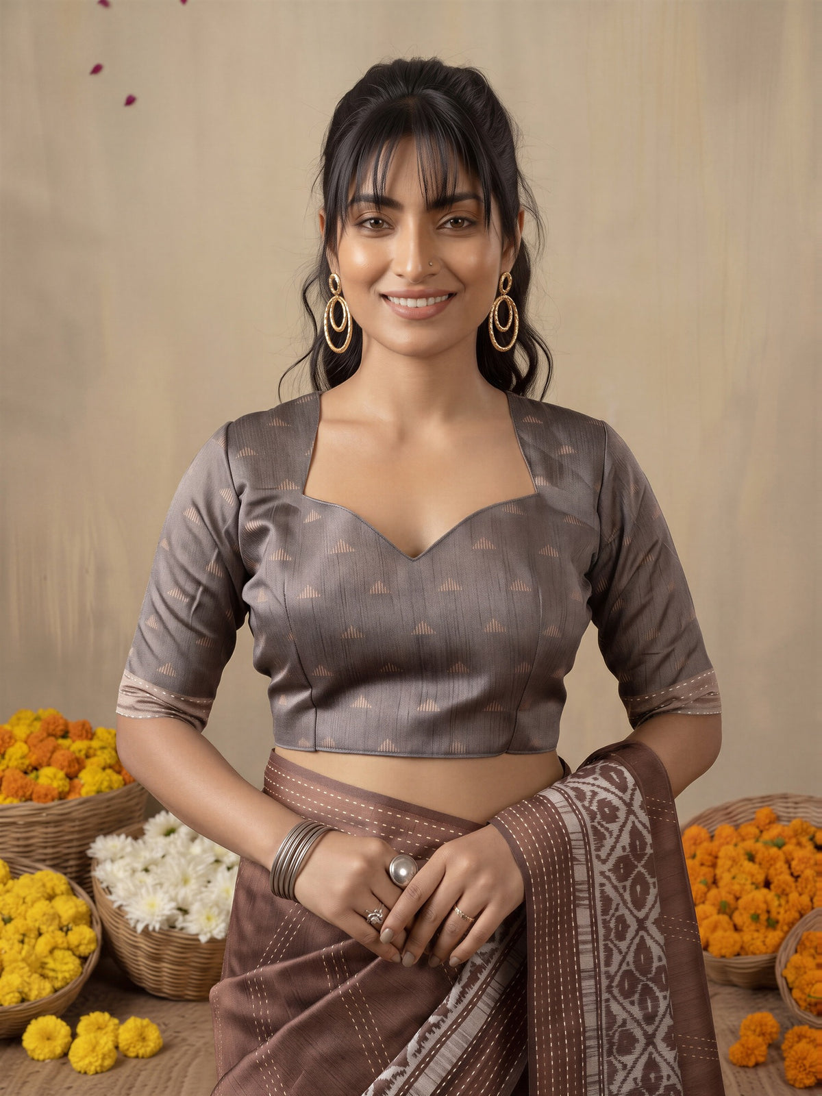 Unstitched grey silk cotton blouse piece with geometric design