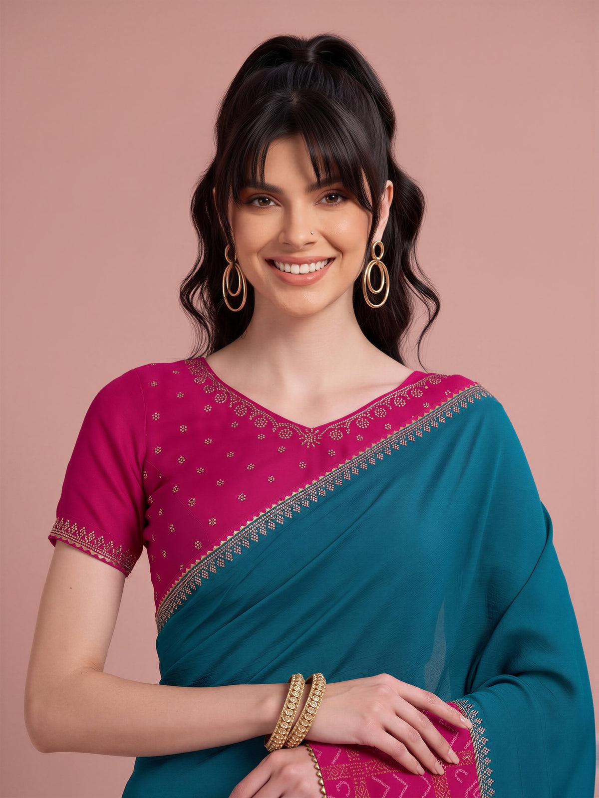 Teal Blue Vichitra Silk saree – detail view 4