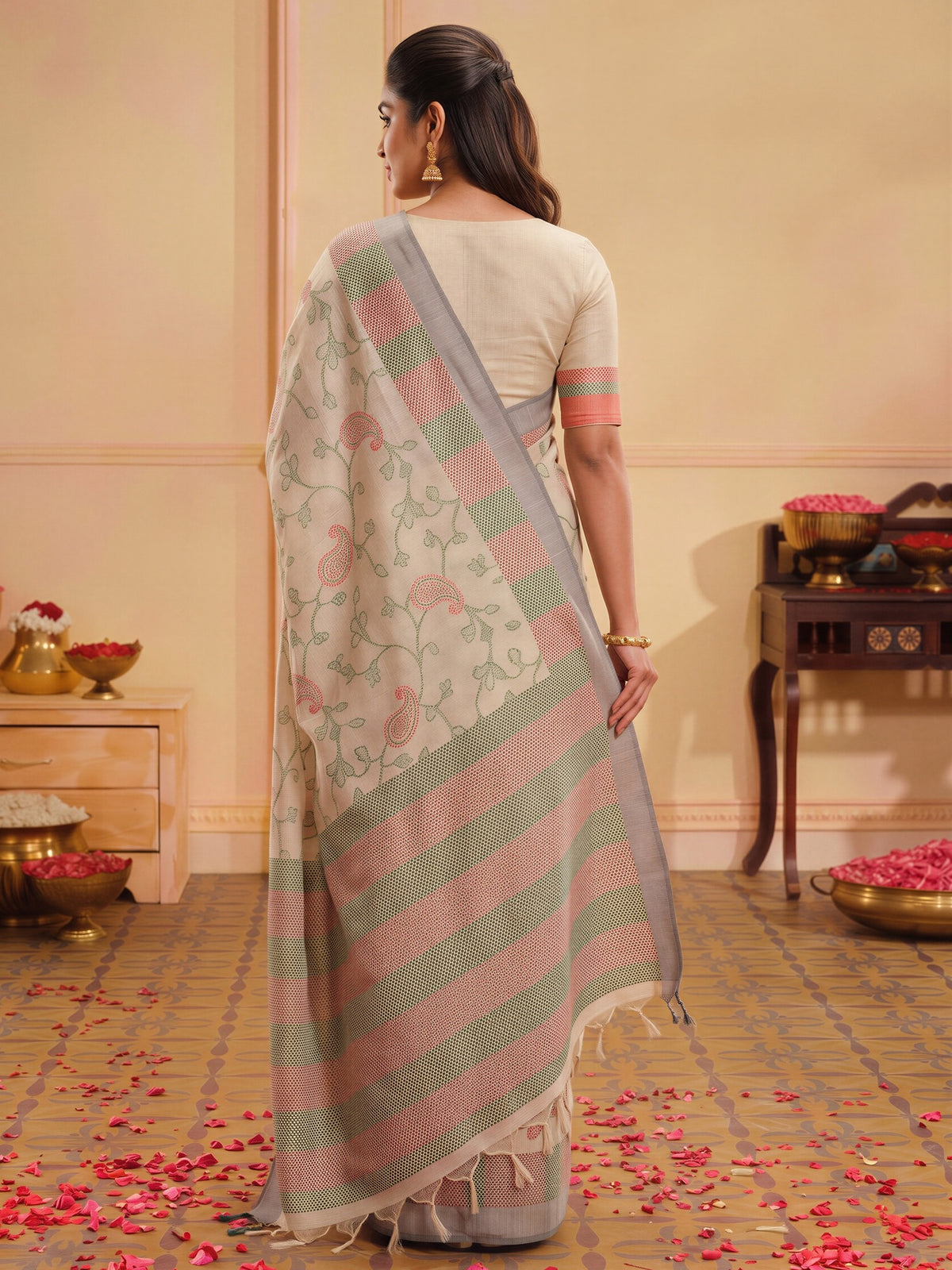 Beige silk blend saree view 1