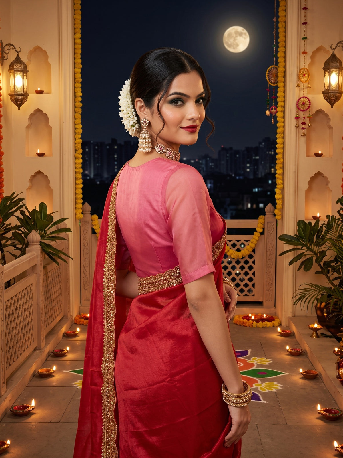 Red Satin saree – detail view 3