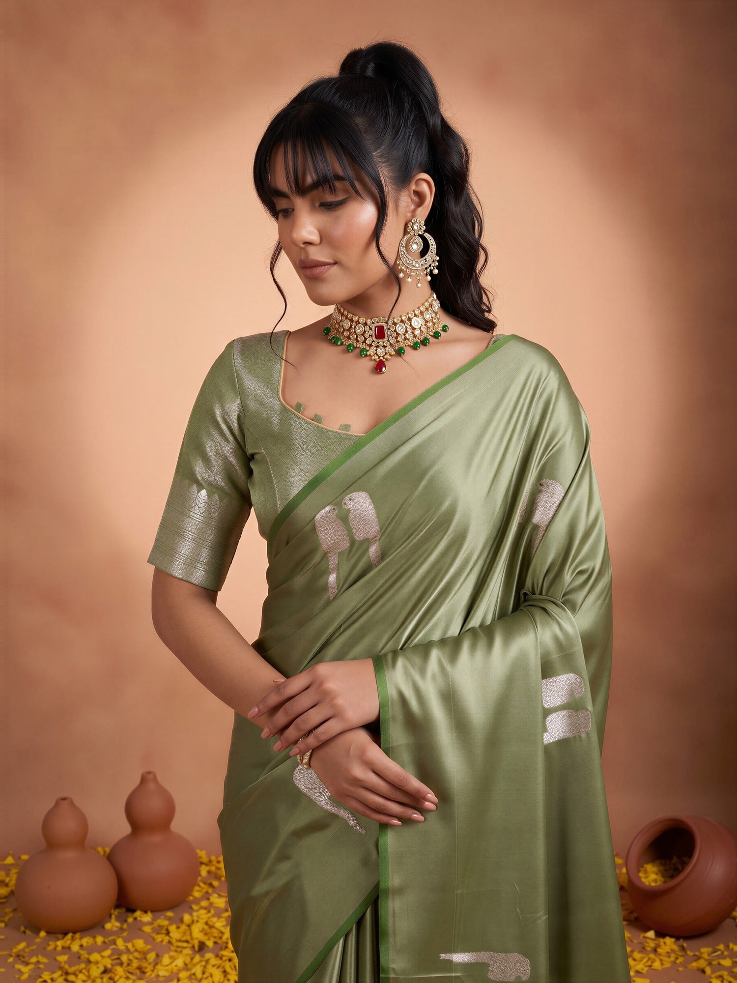 Green Satin saree – detail view 3