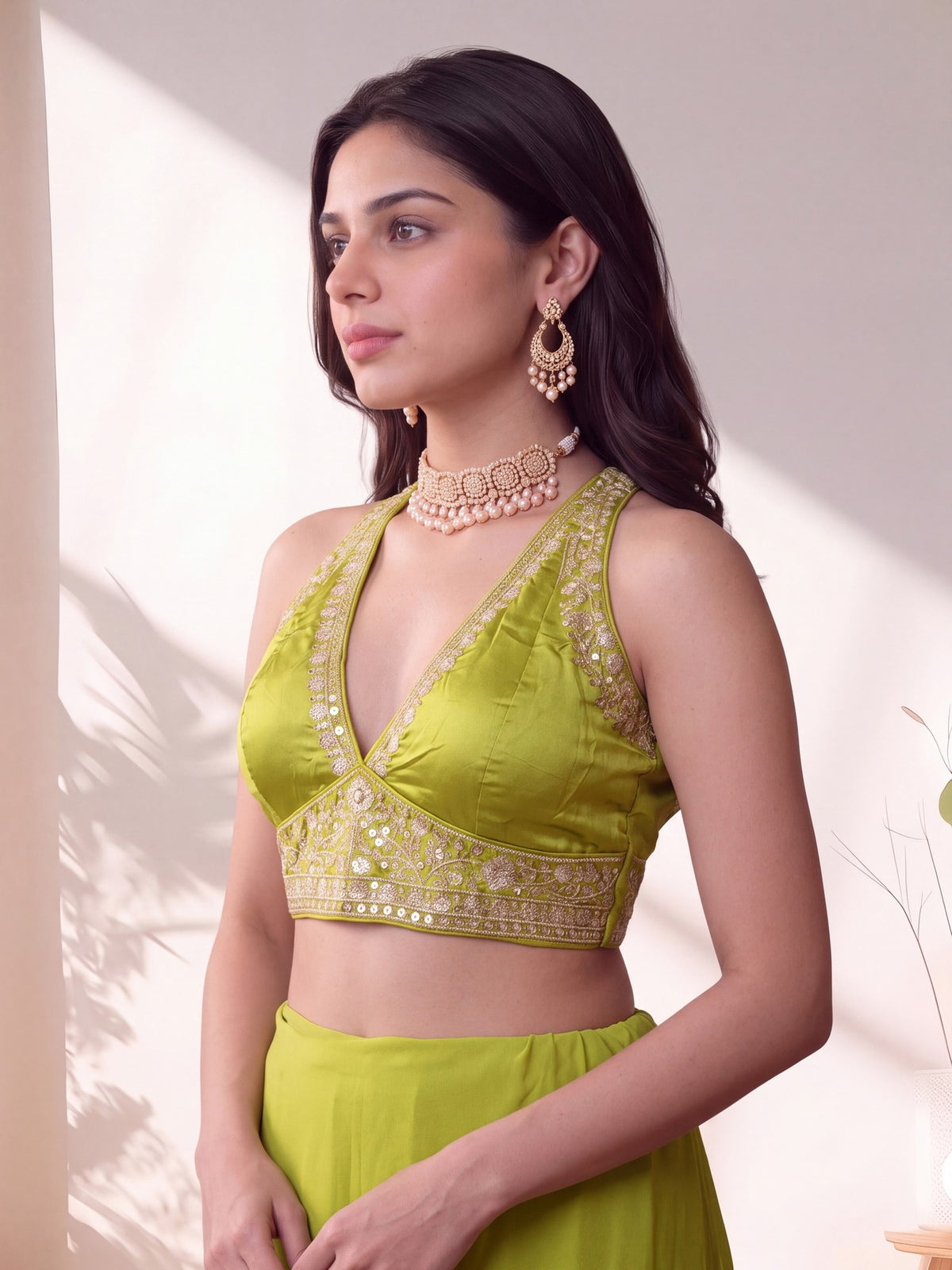 Lime Green sequin embellished silk blend sleeveless readymade saree blouse with deep v neck view 2