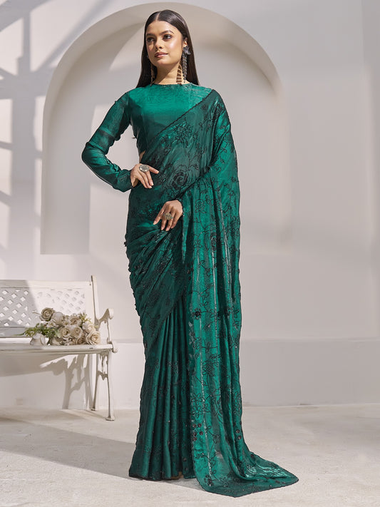 Teal Green embellished satin silk saree with teal green blouse piece