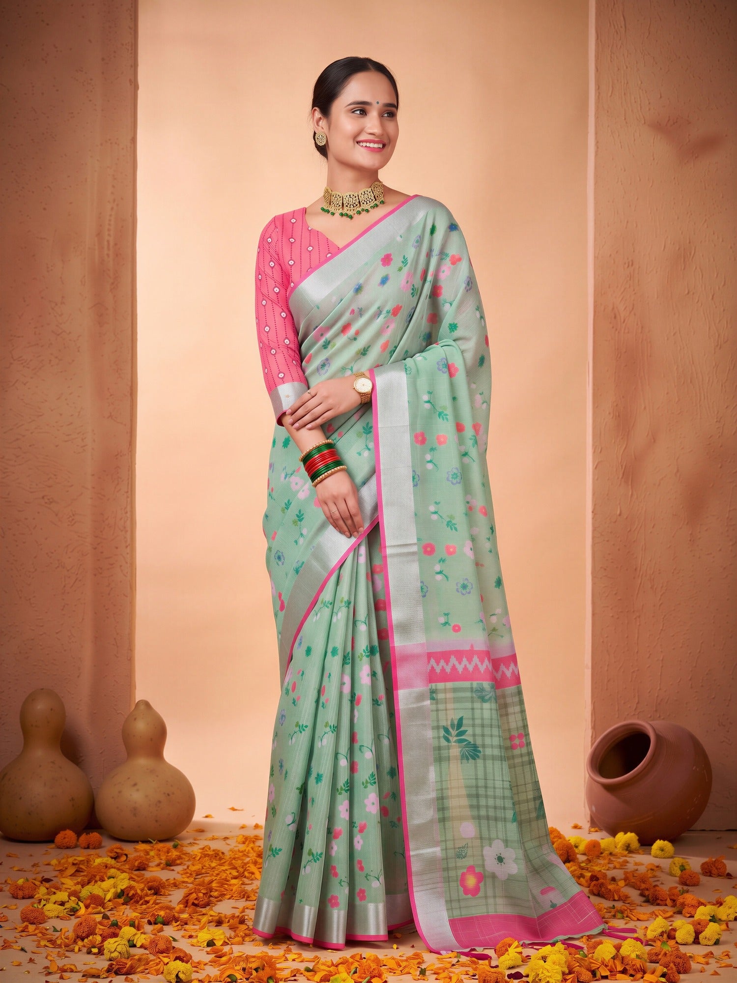 Sea Green Cotton Linen saree – detail view 3