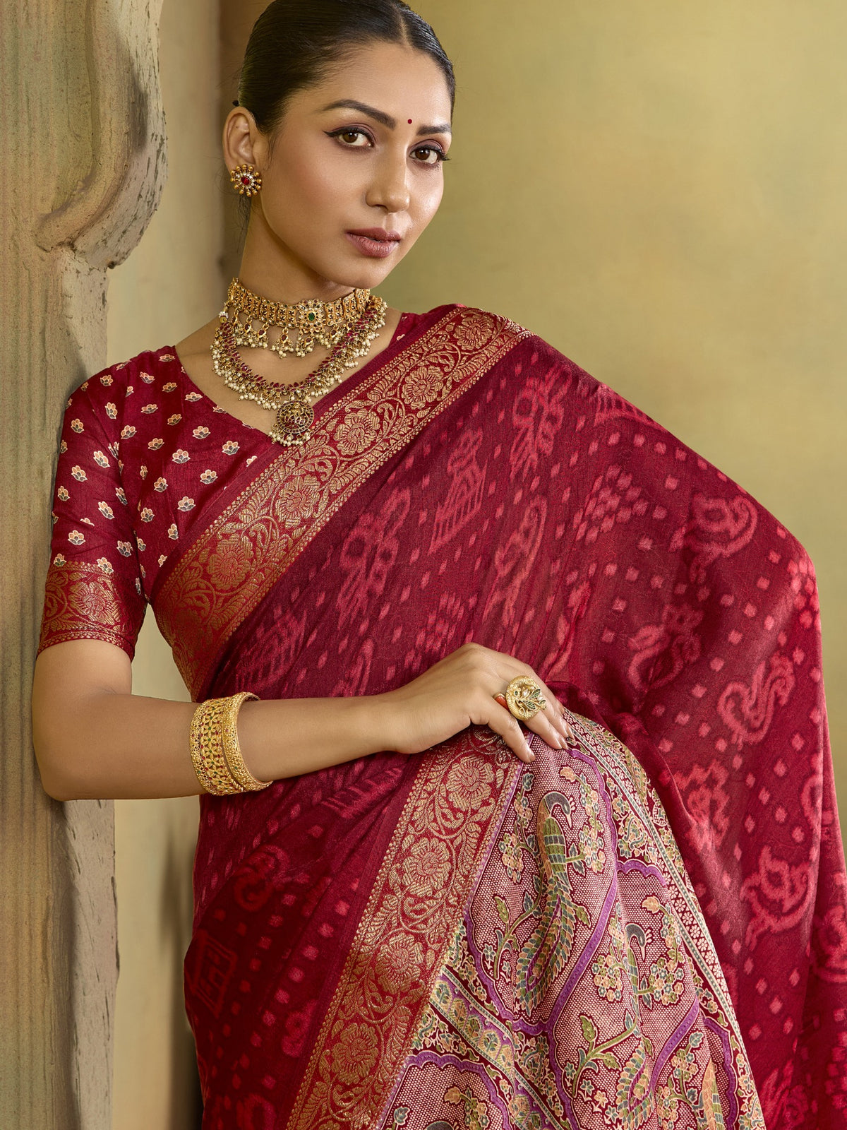 Maroon tussar silk saree view 3