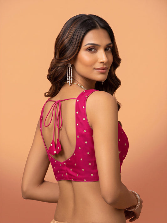 Pink sequin embellished silk blend sleeveless readymade saree blouse with v neck view 1
