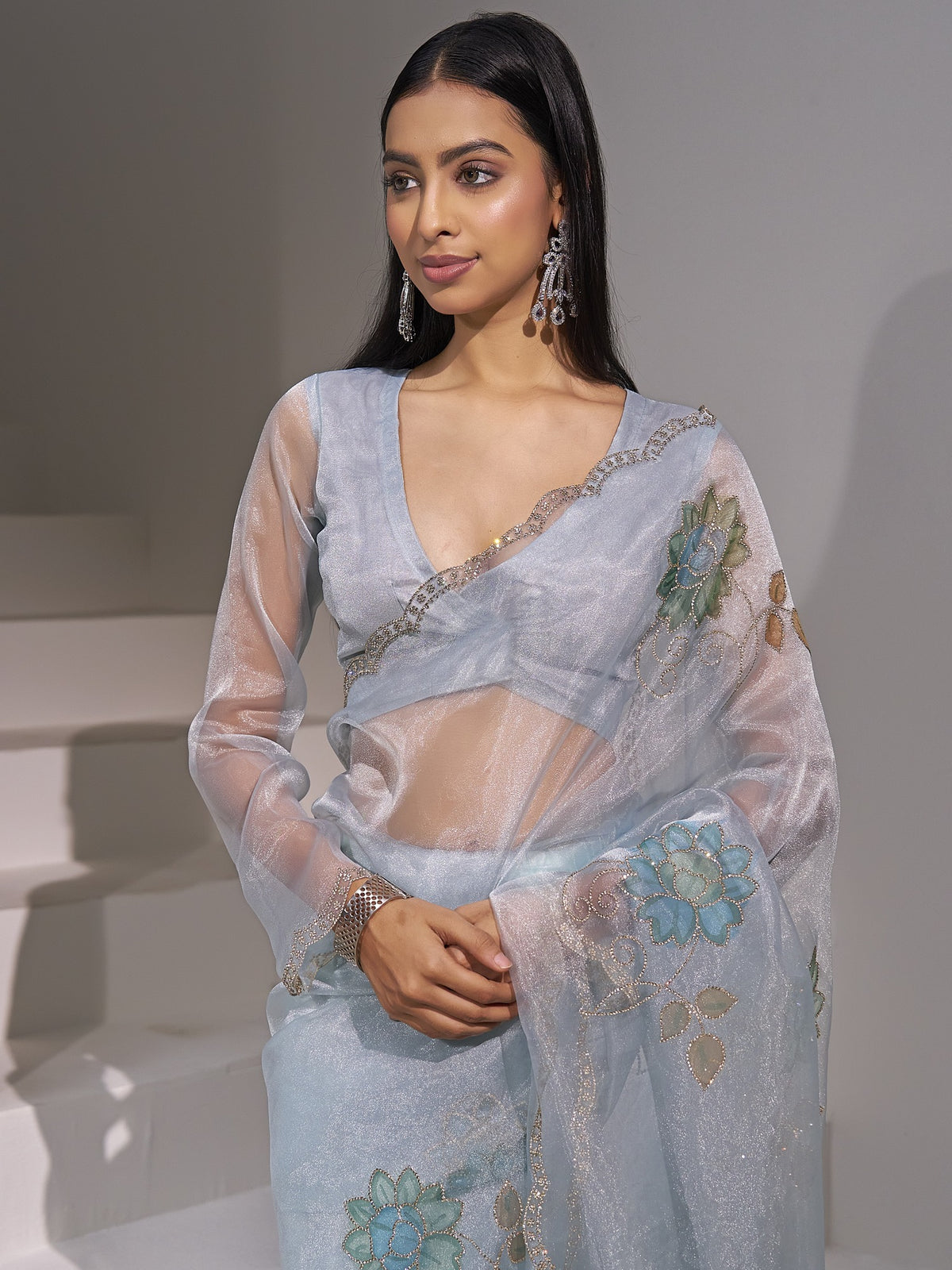 Light Blue organza saree view 3
