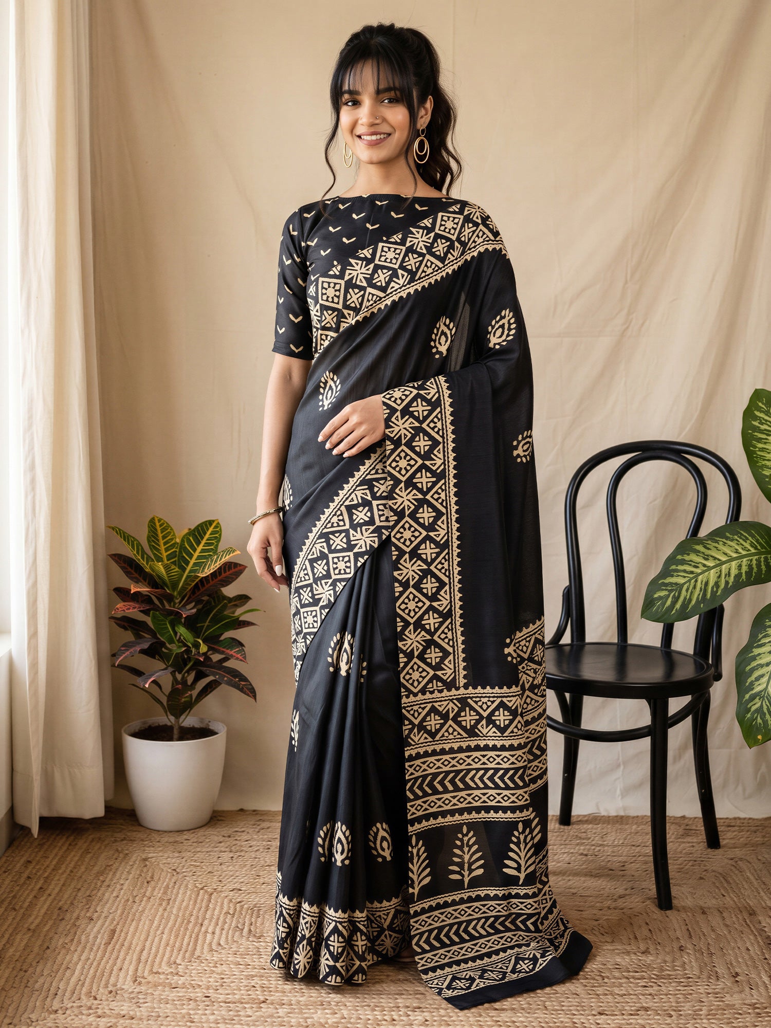 Woman wearing black cotton blend saree with batik wax-resist design and black blouse
