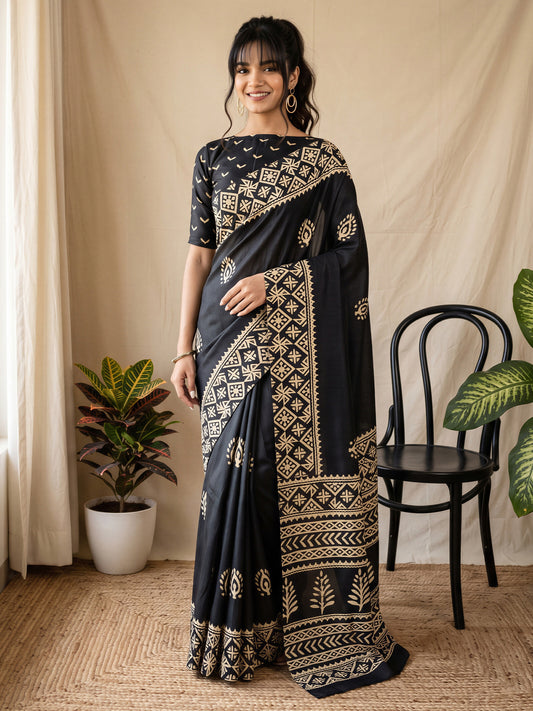 Woman wearing black cotton blend saree with batik wax-resist design and black blouse