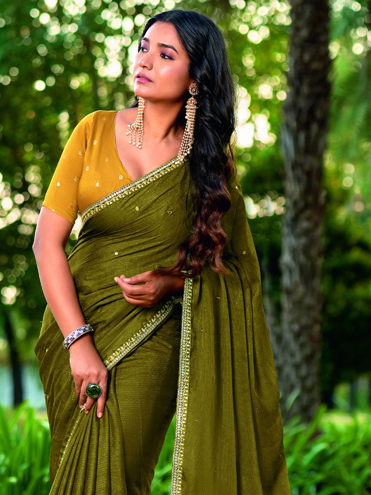 Olive chiffon saree view 2