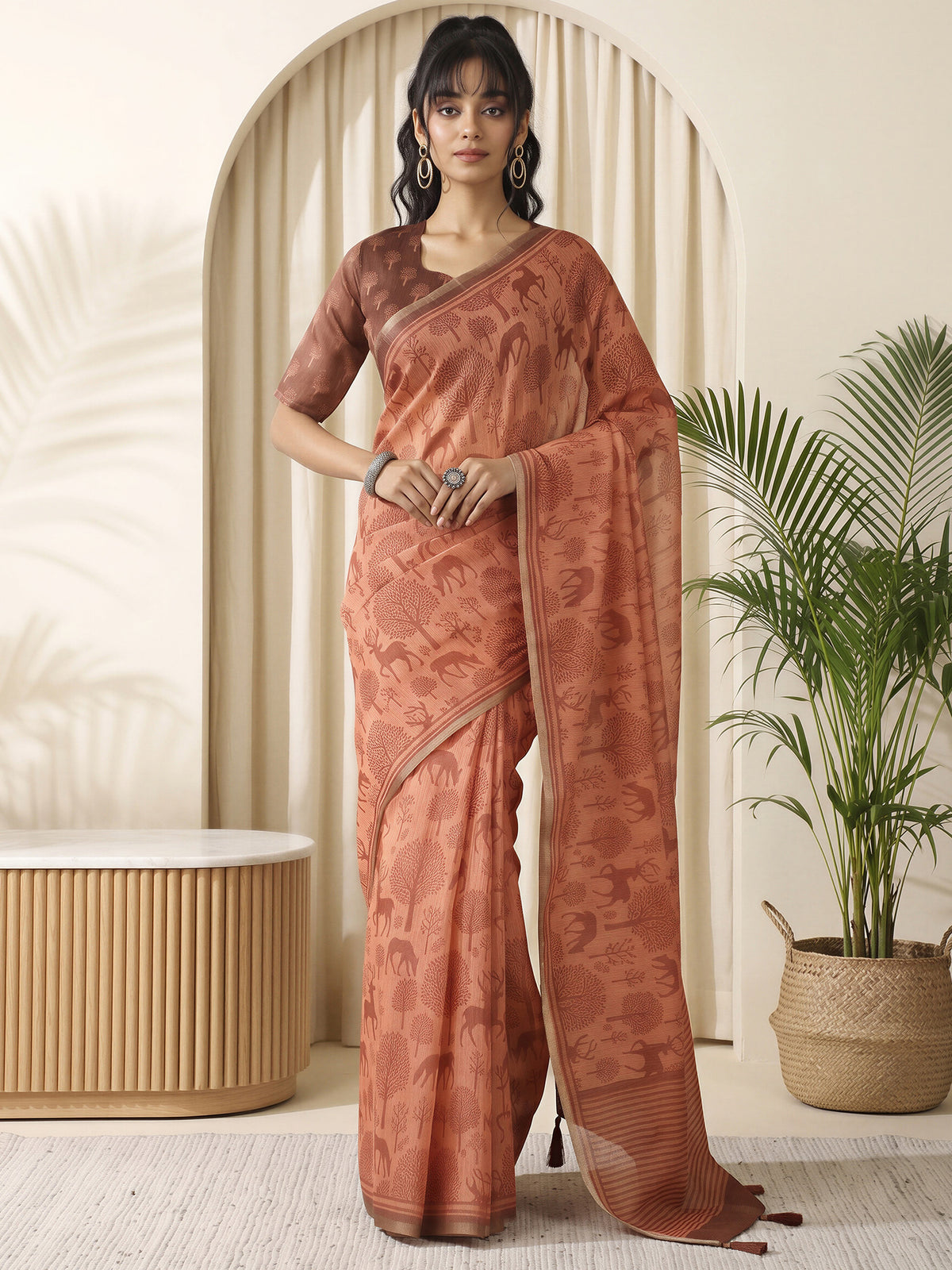 Rust Cotton Linen saree – detail view 3