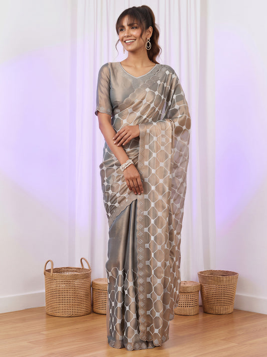 Woman wearing metallic chiffon saree with embroidered motif work and metallic blouse