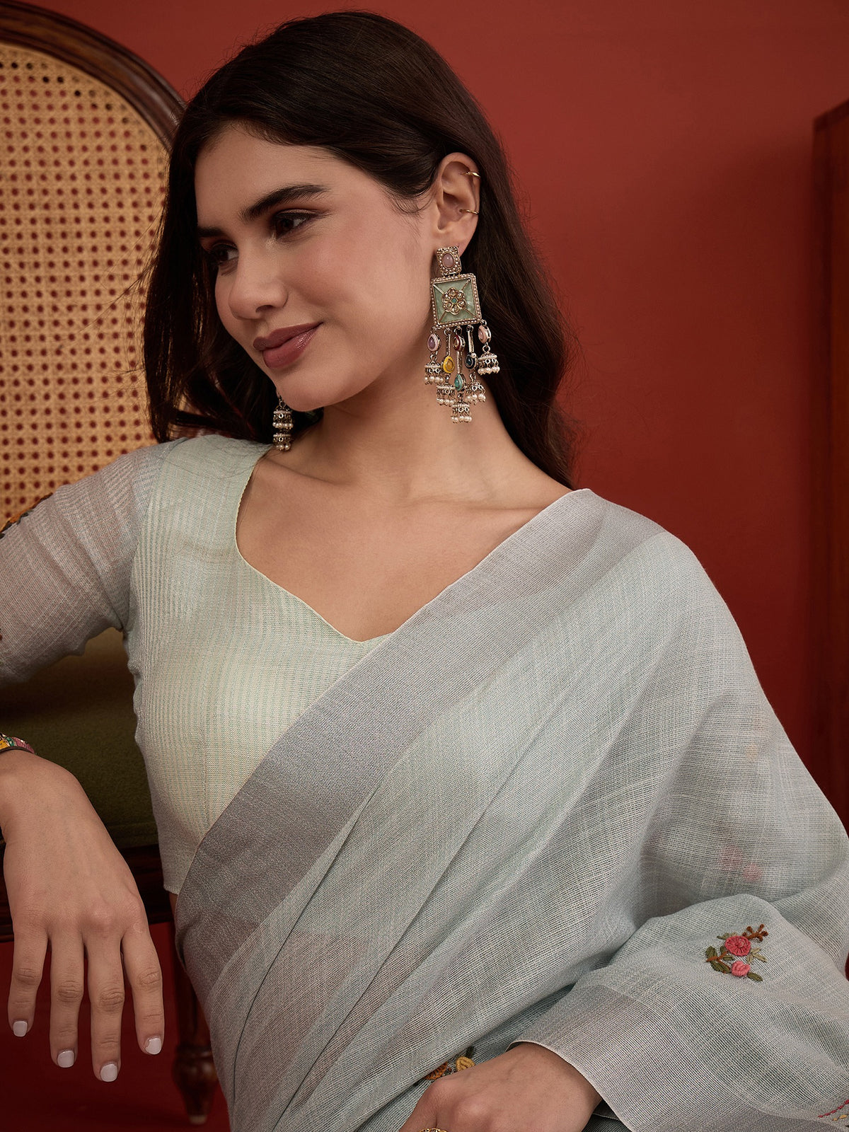 Light Blue linen blend saree view 6