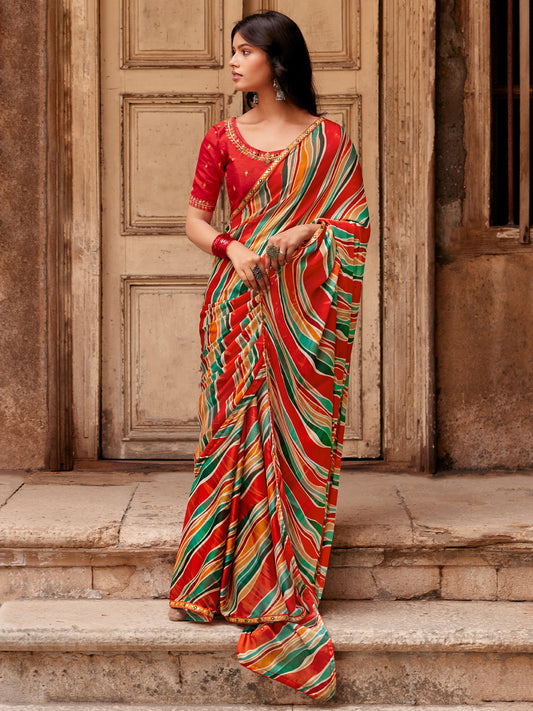Orange leheriya georgette saree with orange blouse piece