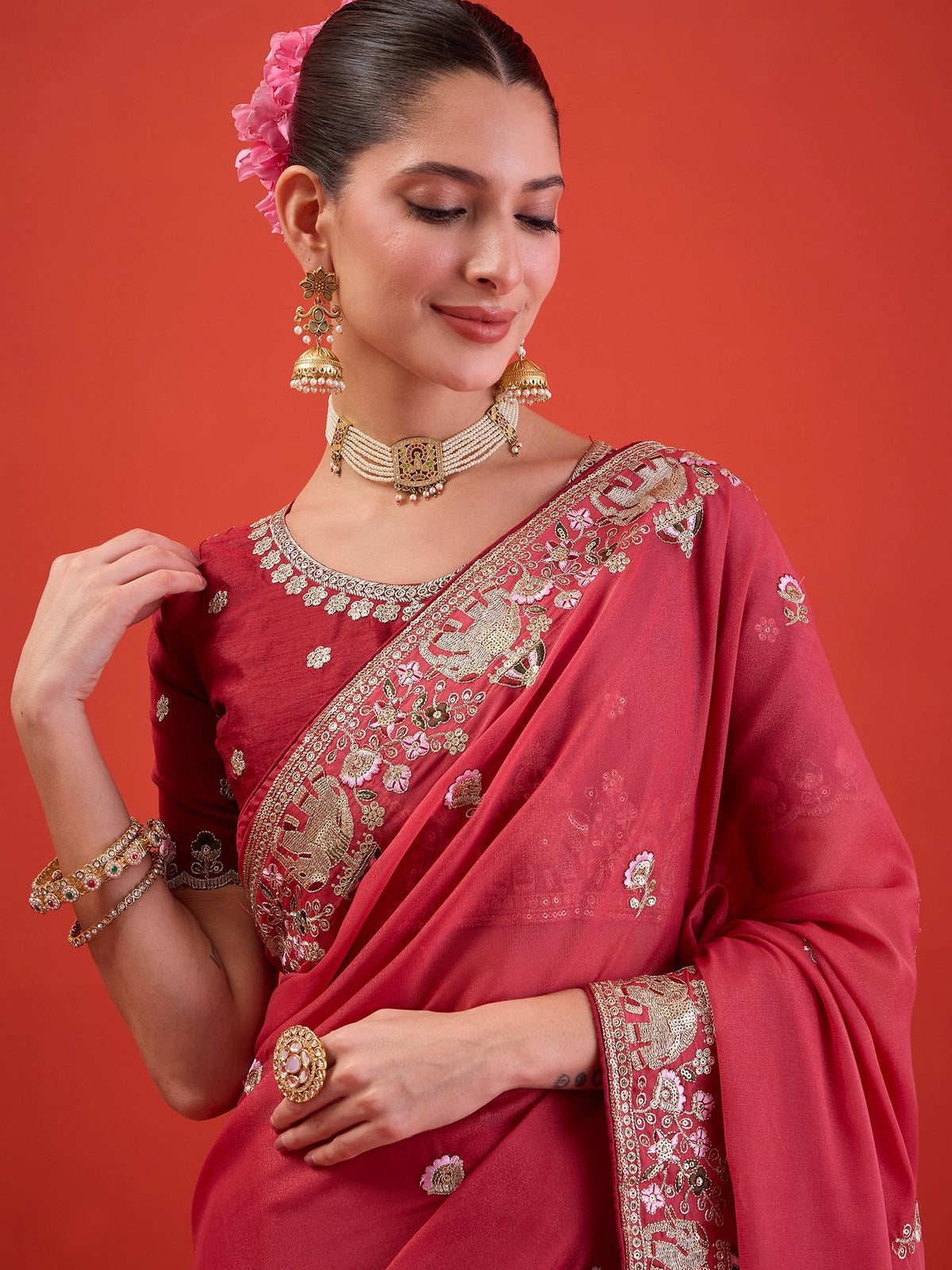 Pink Georgette saree – detail view 3