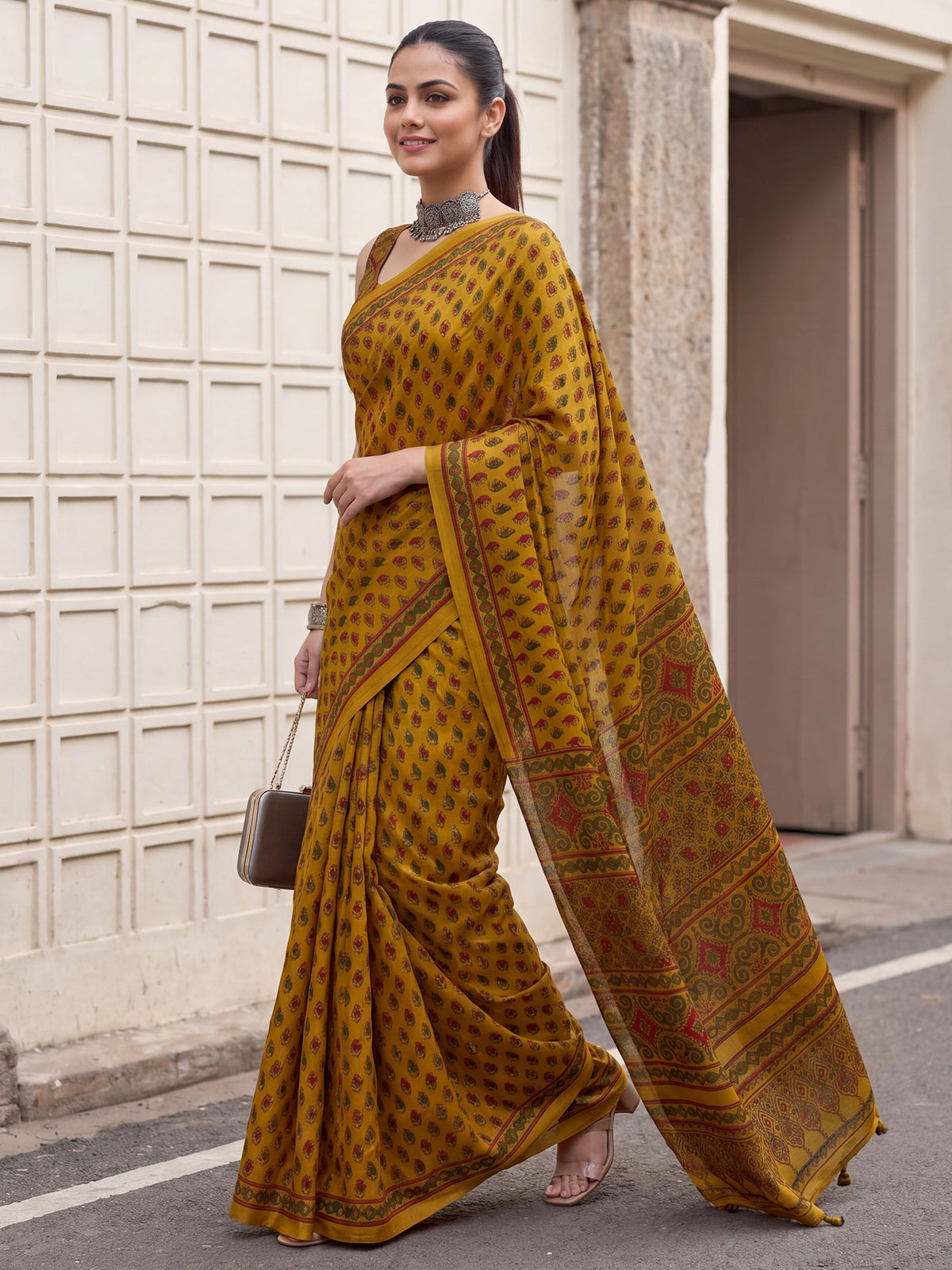 Mustard Pure Crepe saree – detail view 2