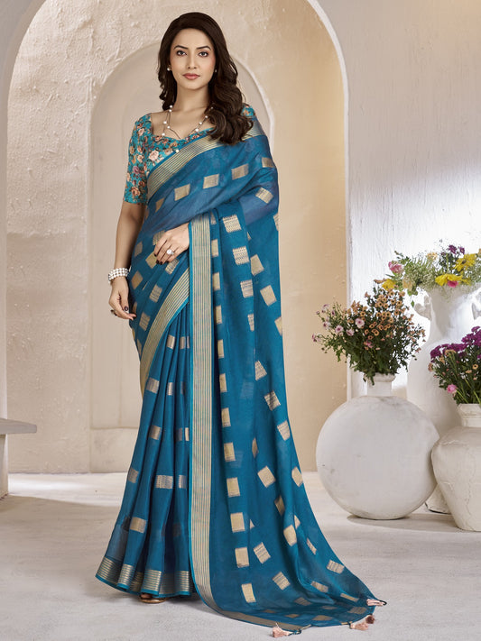Teal Blue zari butta georgette saree with teal blue blouse piece