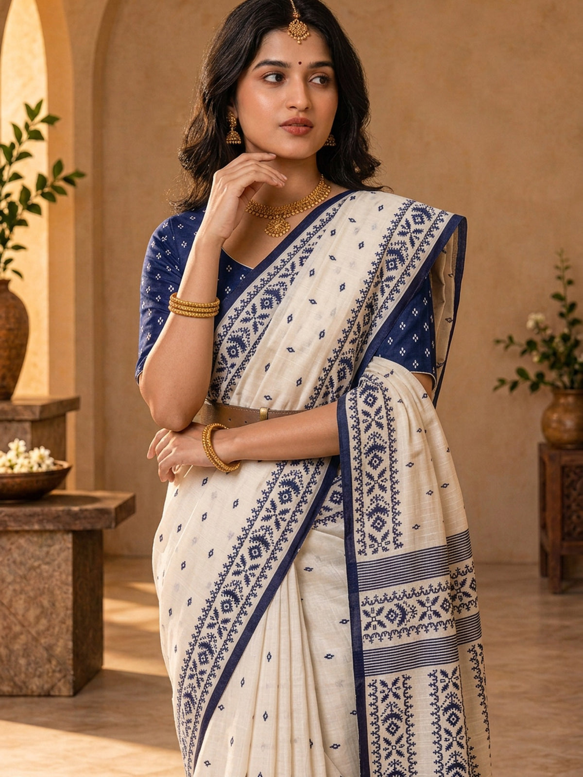 Off White tussar silk saree view 2