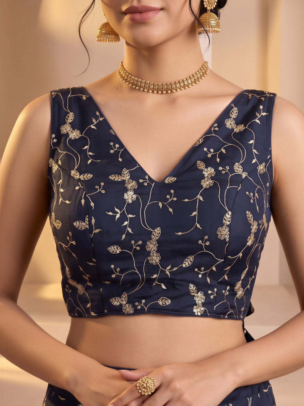 Navy Blue sequin embroidered vichitra silk sleeveless readymade saree blouse with v neck view 4