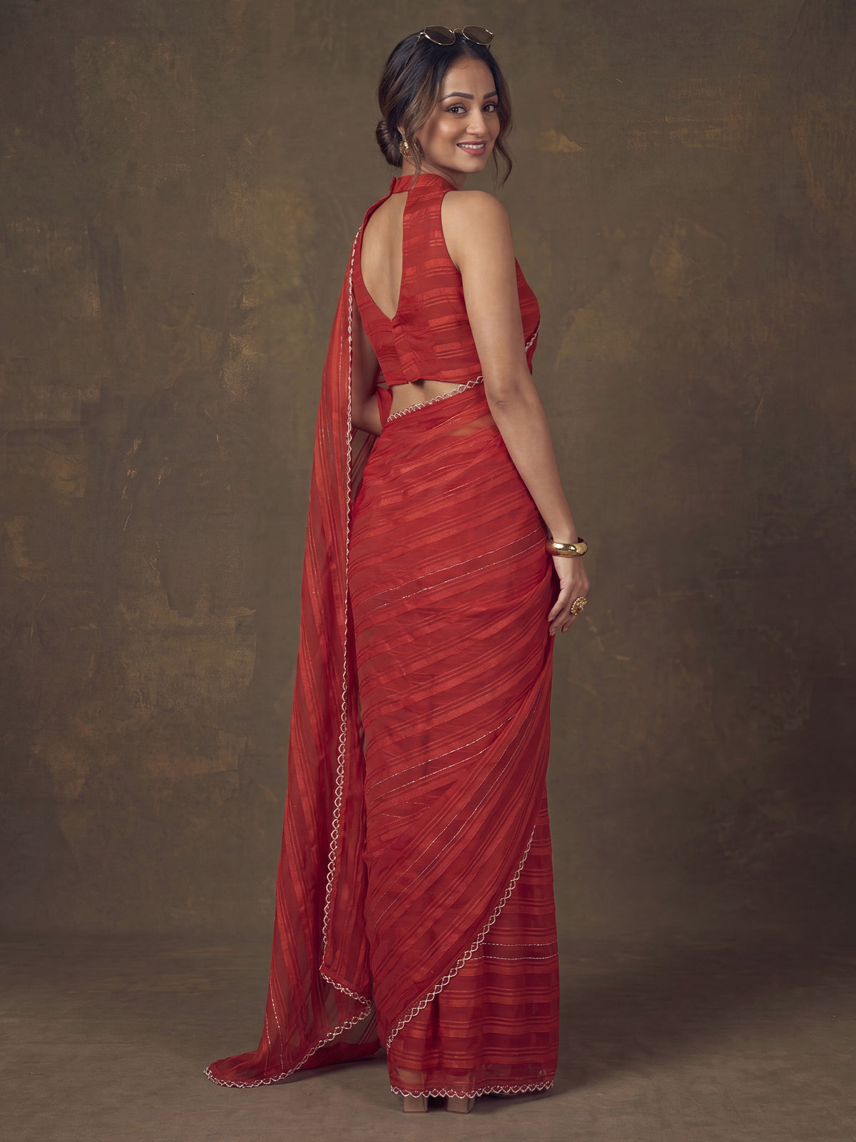 Red Georgette saree – detail view 1