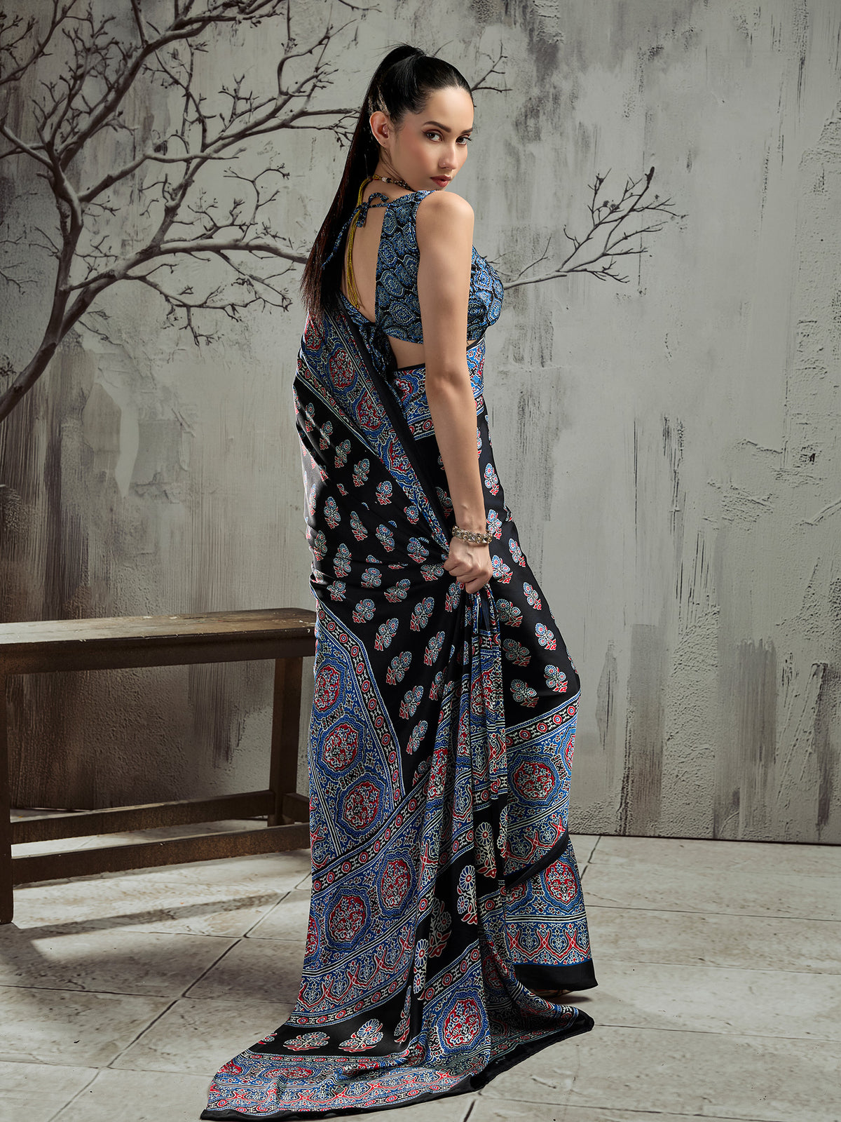 Black satin saree view 1